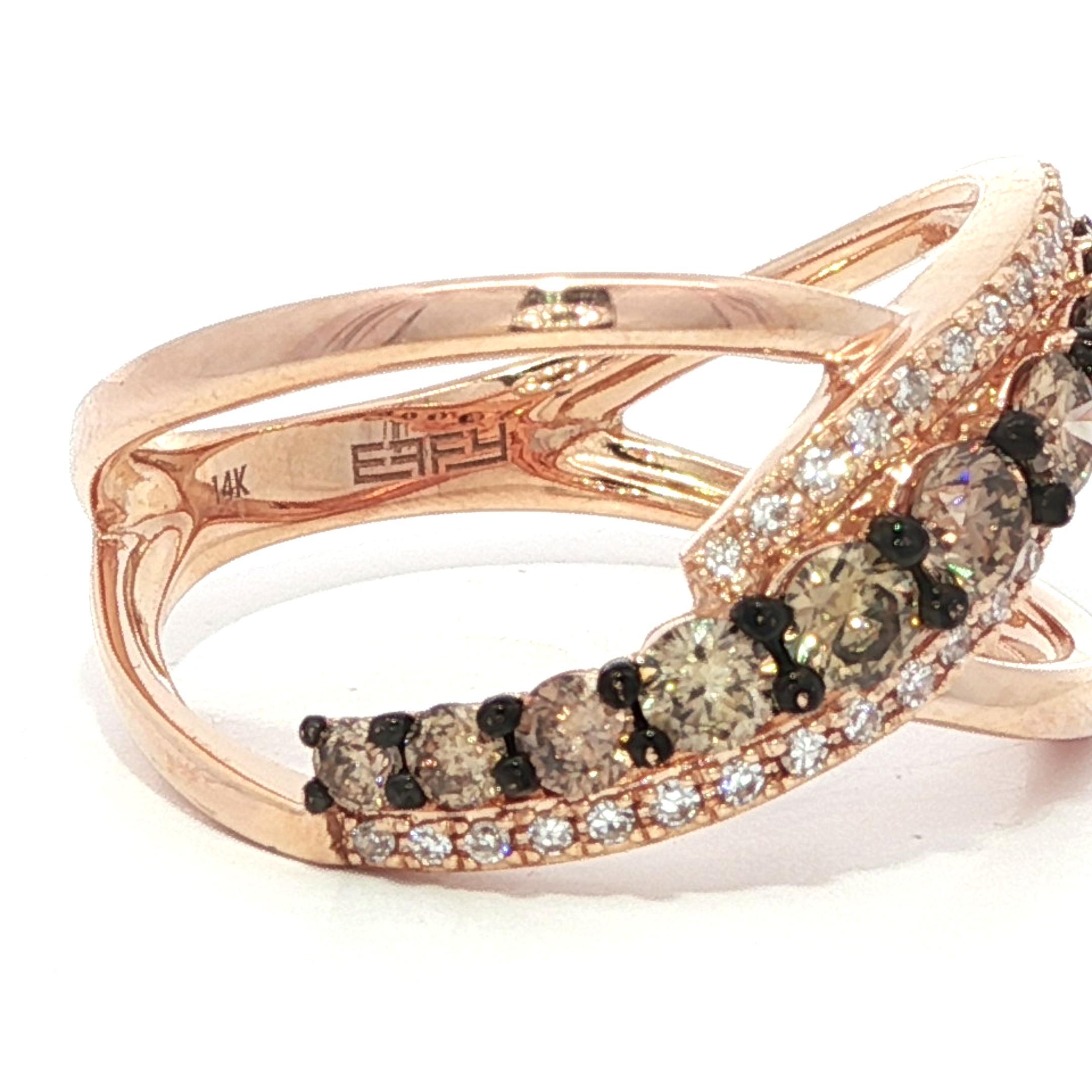 Brilliant Cut Effy 14k Rose Gold 0.66ctw Chocolate Brown & White Diamond Wide Crossover Ring For Sale