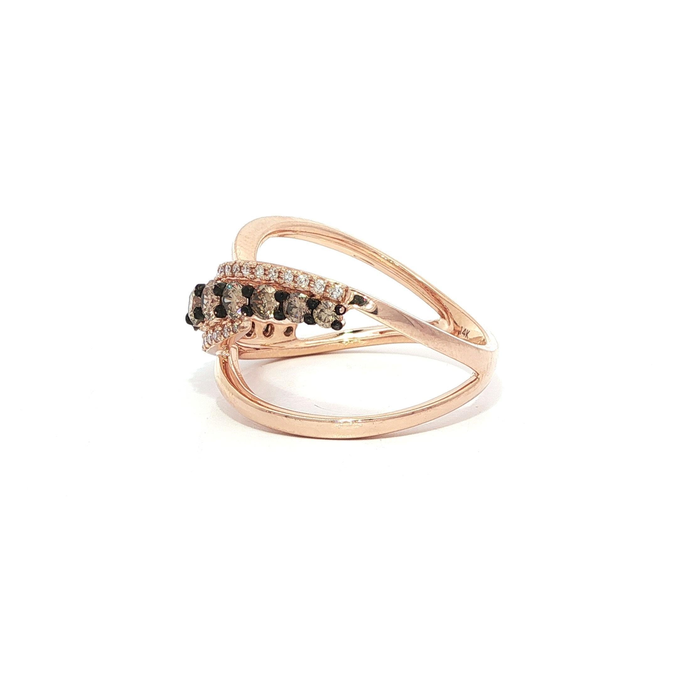 Women's Effy 14k Rose Gold 0.66ctw Chocolate Brown & White Diamond Wide Crossover Ring For Sale