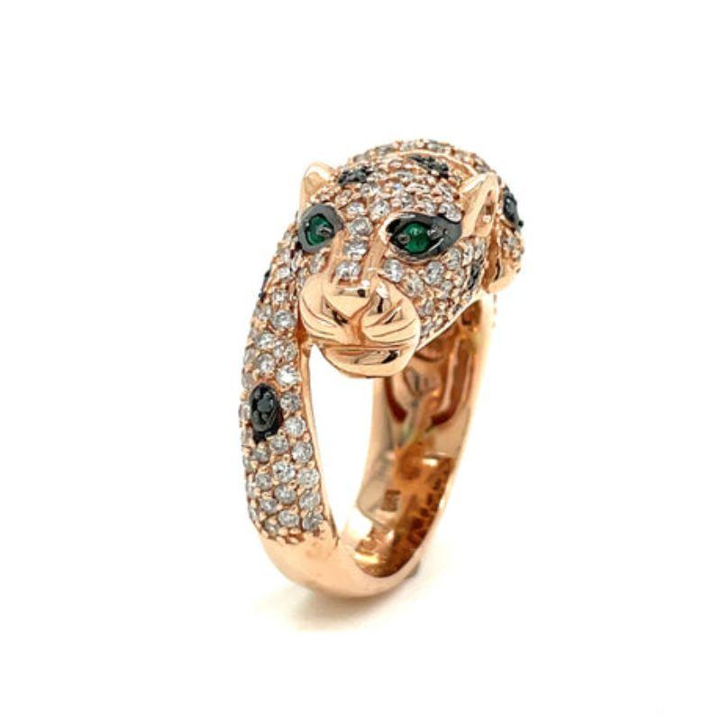 Effy 14K Rose Gold, Black and White Diamond, and Emerald Panther Ring

You'll love wearing this rose gold ring from the Effy panther collection! This ring has a total of 2.05 carats of sparkling black and white round cut diamonds. The panther's eyes