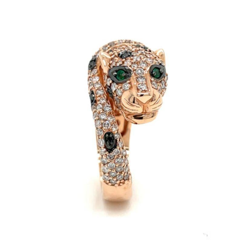 Contemporary Effy 14K Rose Gold, Black and White Diamond, and Emerald Panther Ring For Sale