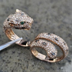 Effy 14k Rose Gold Double Finger Panther Diamond Emerald Ring sz 7