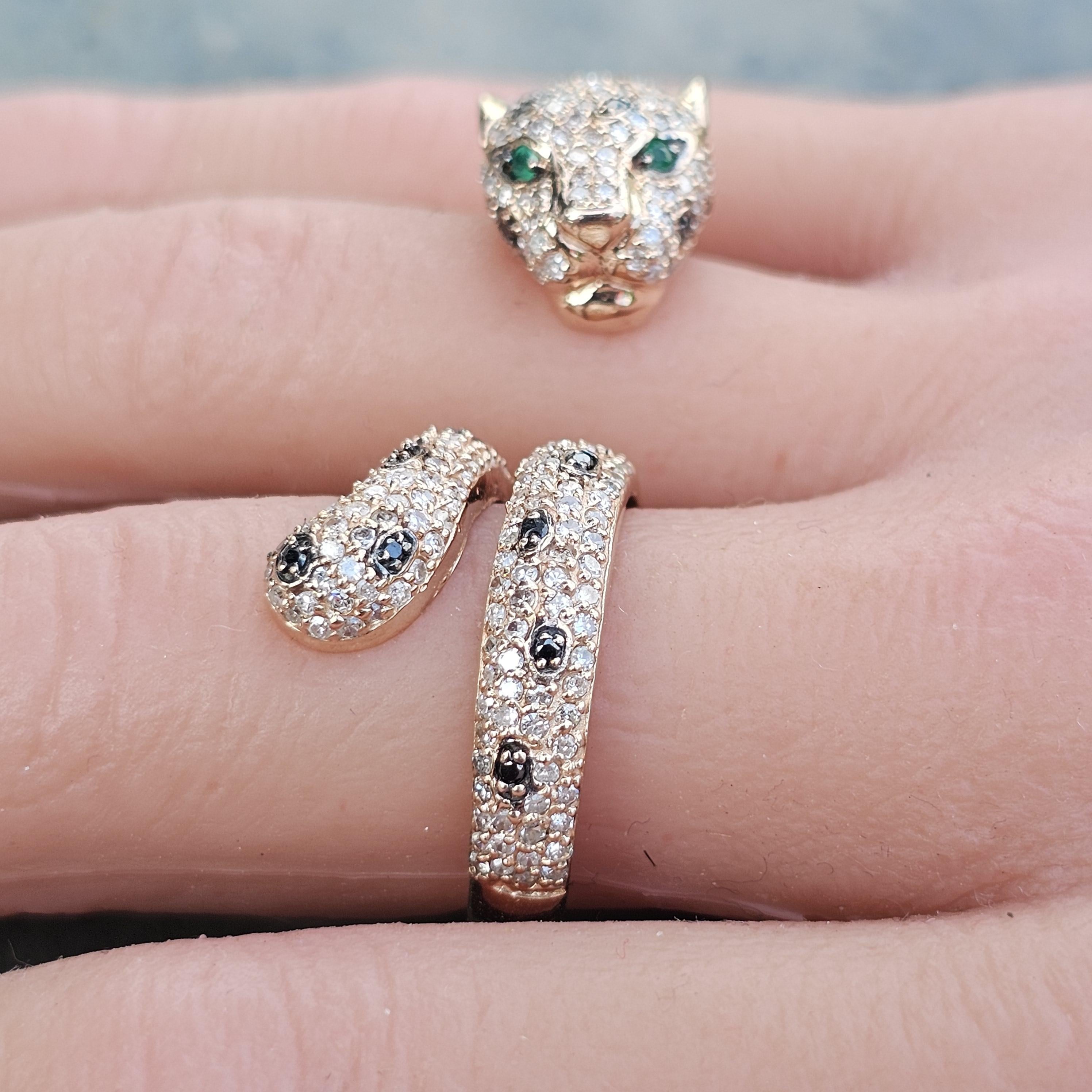 Effy Anillo Esmeralda Diamante Pantera Doble Dedo Oro Rosa 14k sz 7 en Bueno estado para la venta en Northbrook, IL