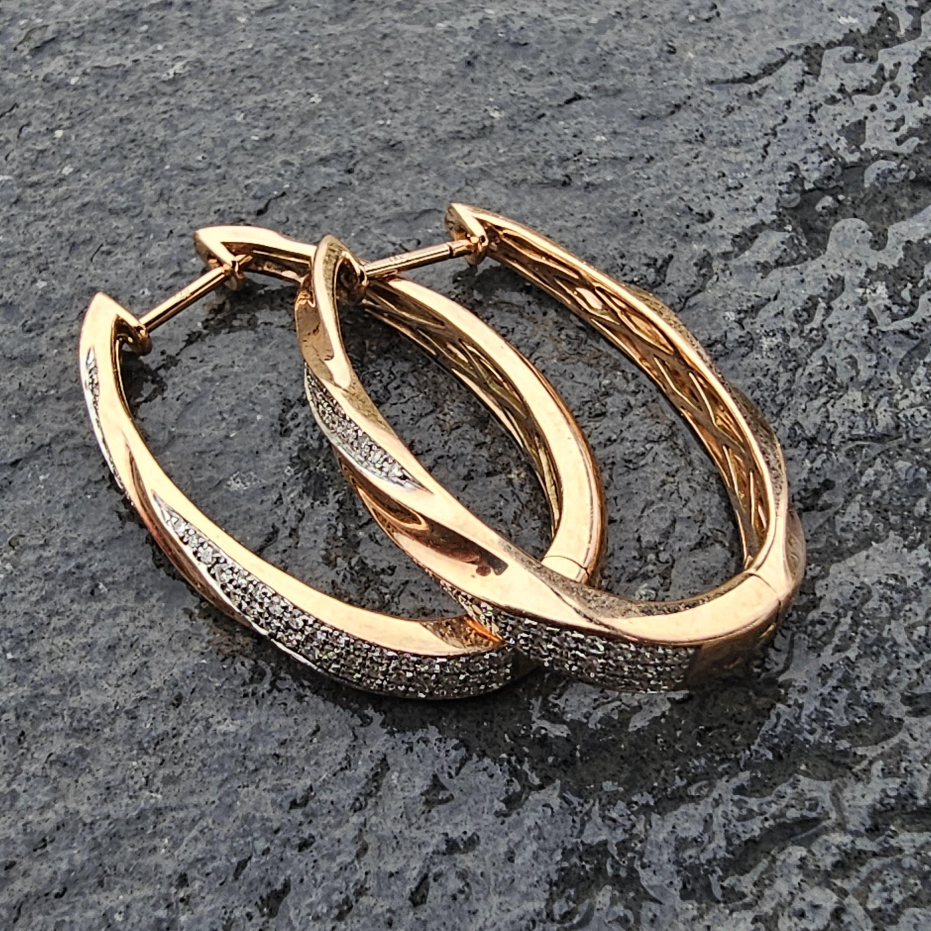 Effy, orecchini a cerchio in oro rosa 14k con diamanti a tortiglione 9,4g .38ct in vendita 2