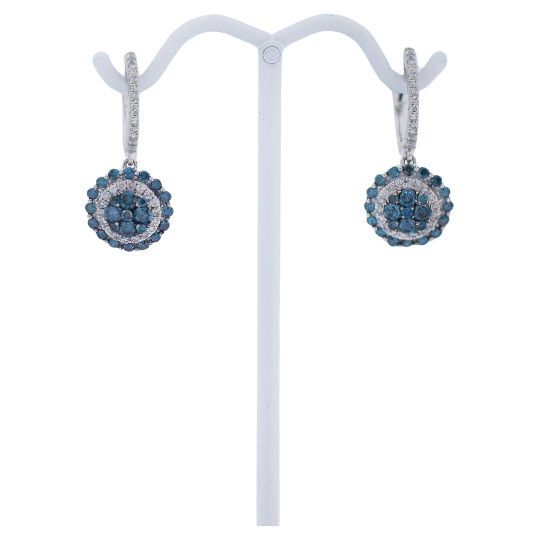 EFFY 14K White Gold Blue and White Diamond Drop Earrings For Sale