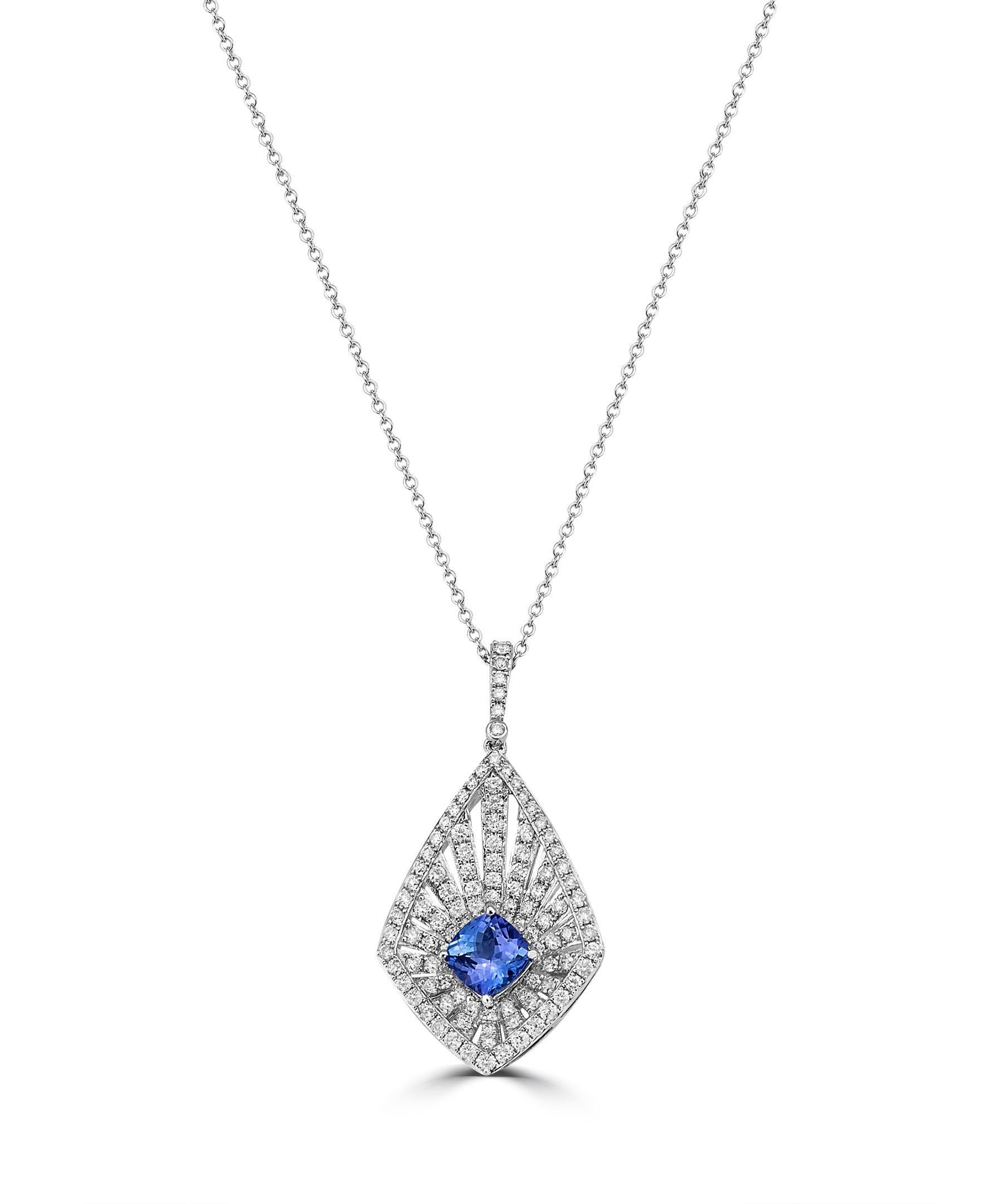 This Effy design features a cushion cut Tanzanite center stone surrounded by 107 round cut diamonds.

Total diamond weight is 0.99ct.

Total tanzanite weight is 0.95ct.

Item number V387.


