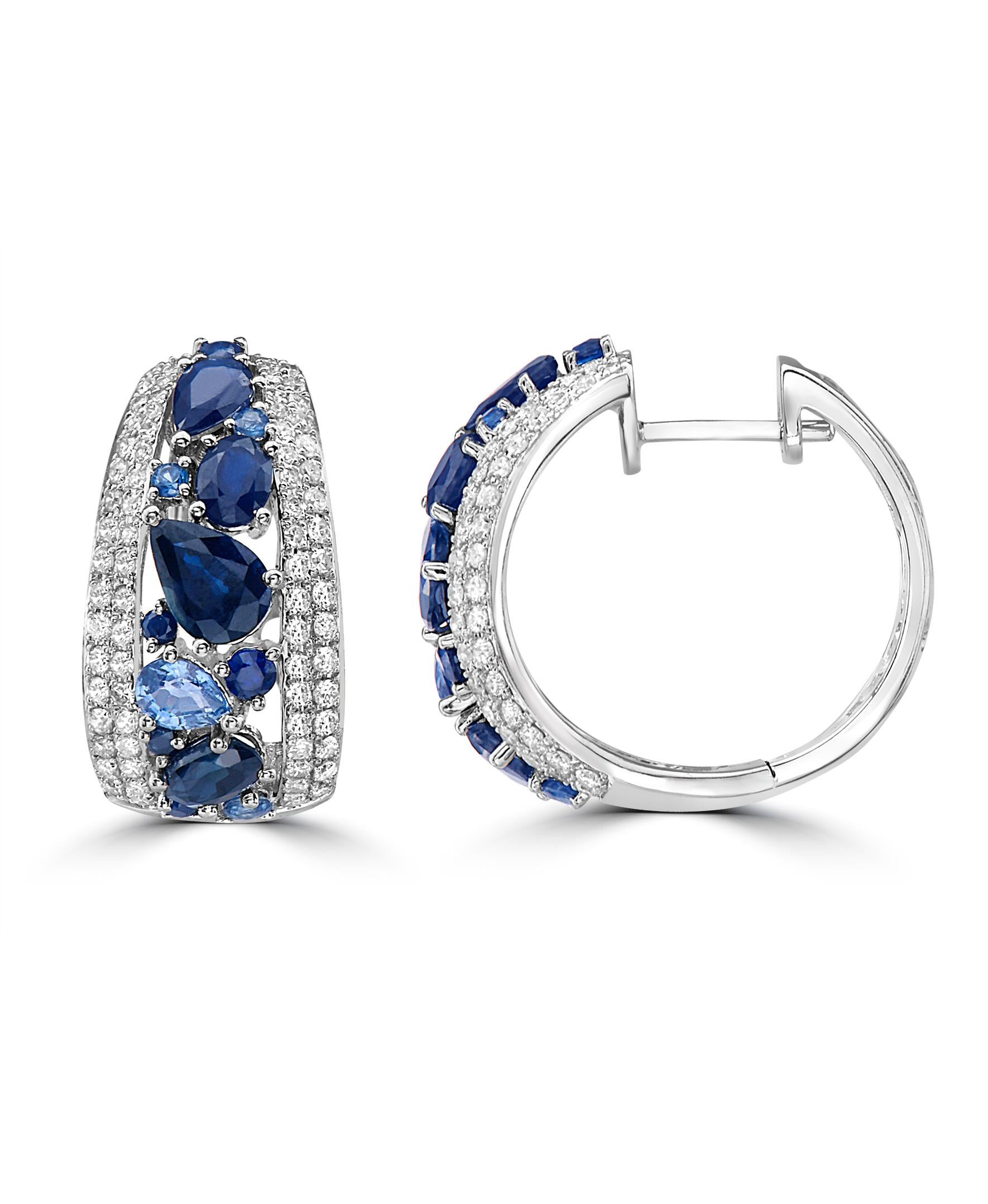 These earrings are another example of the delicate engineering Effy uses in their creations. Combining blue sapphires and the lighter blue color Ceylon sapphires, in the different shapes of round, oval and pear, and bordered with diamonds all