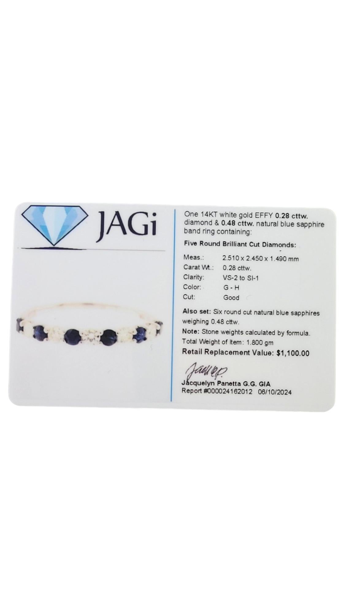 EFFY 14K White Gold Diamond & Natural Blue Sapphire Band Size 7.25-7.5 #18075 1