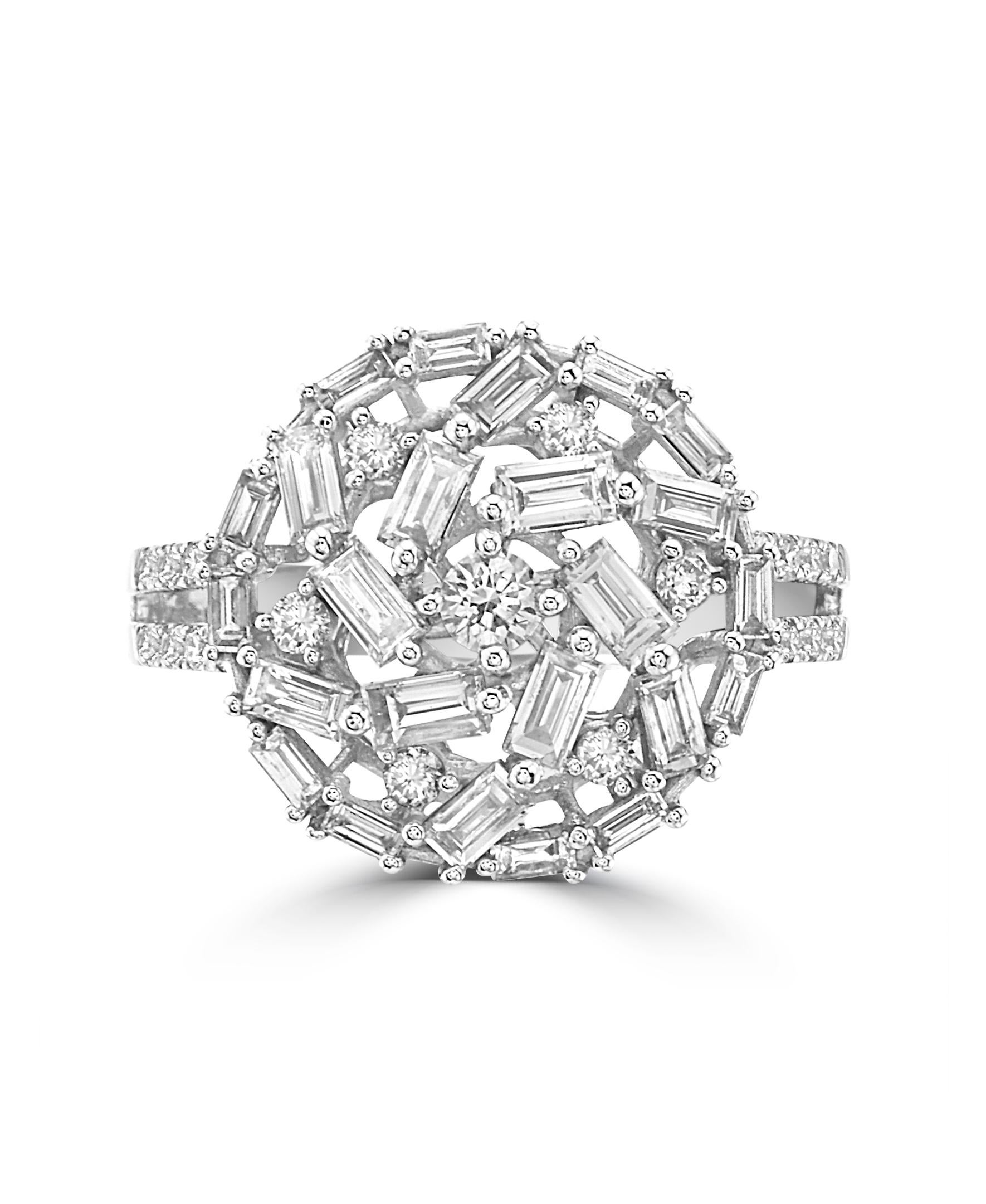 This Effy creation brings another unique style to jewelry design. The flowing interplay between the baguette and round diamonds will make it shine in every direction.

Diamonds have a total weight of 0.90ct.

The ring is size 7.

Item number  CY95.

