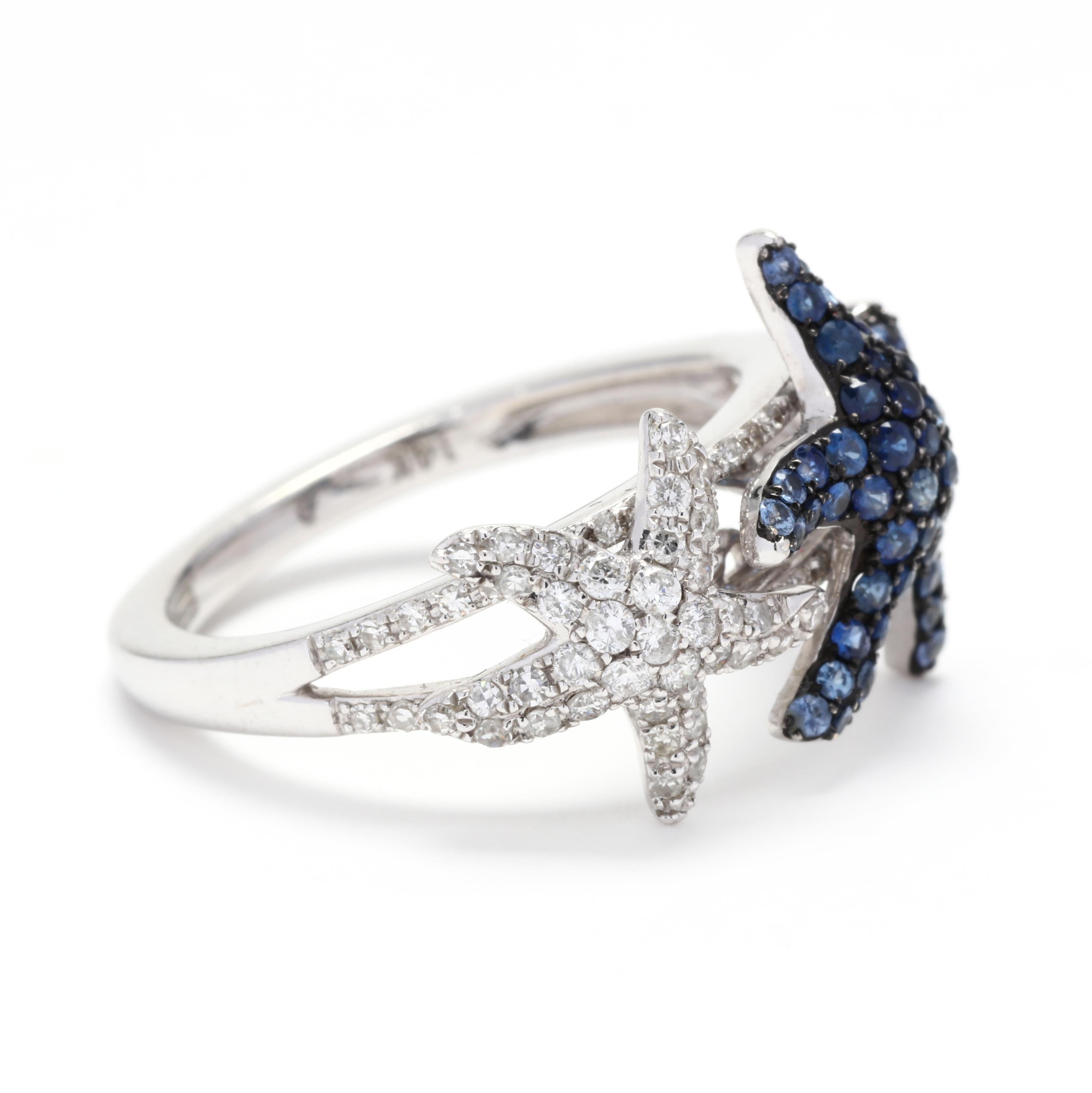 Effy 14k white gold, diamond & sapphire starfish ring. A cute ring with two starfish set next to each other. The larger one is set with sapphires and the smaller with diamonds. A great ring for any stack!

Stones:
- sapphires
- round cut
- 1.3 - 1.5