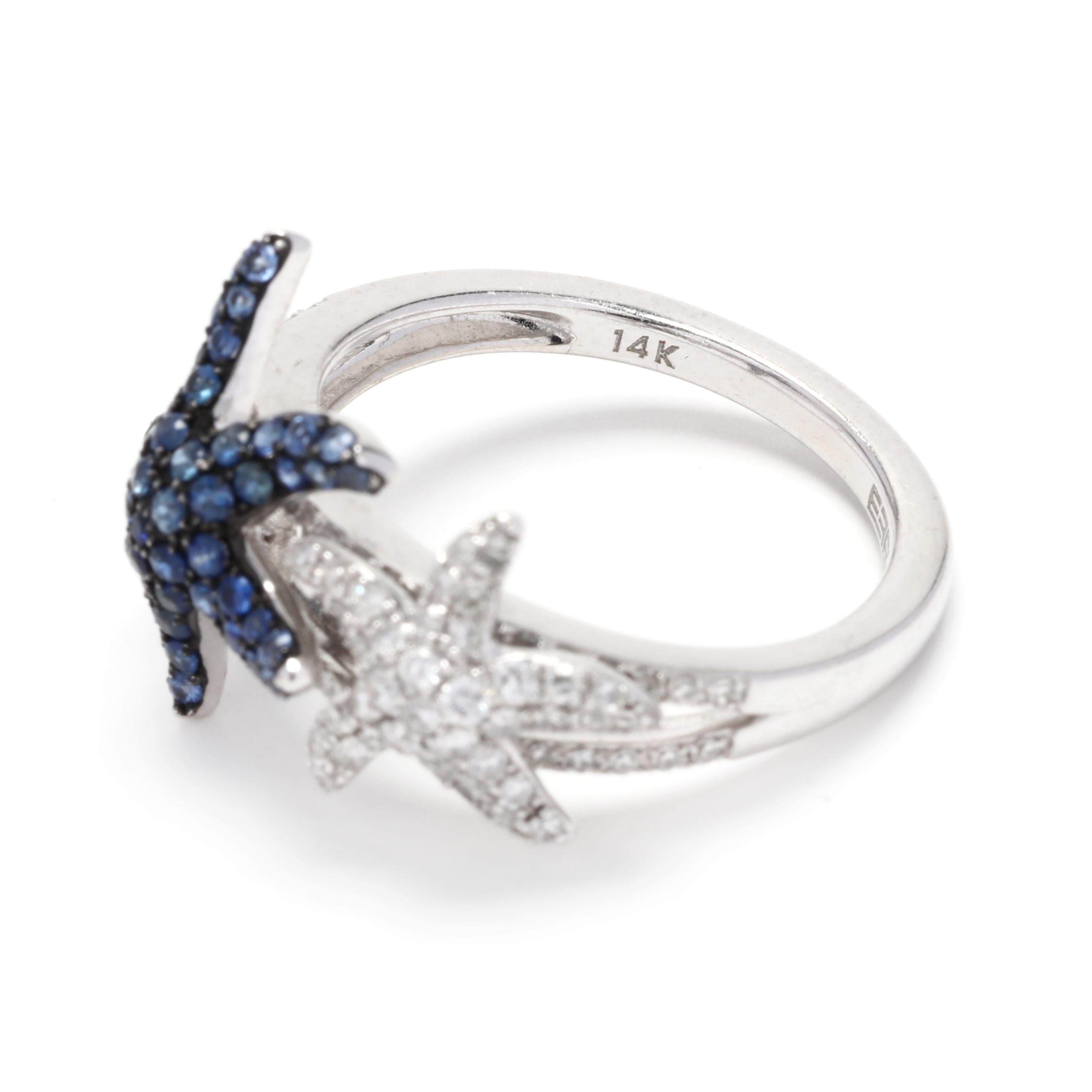 Round Cut Effy 14 Karat White Gold, Diamond and Sapphire Starfish Ring
