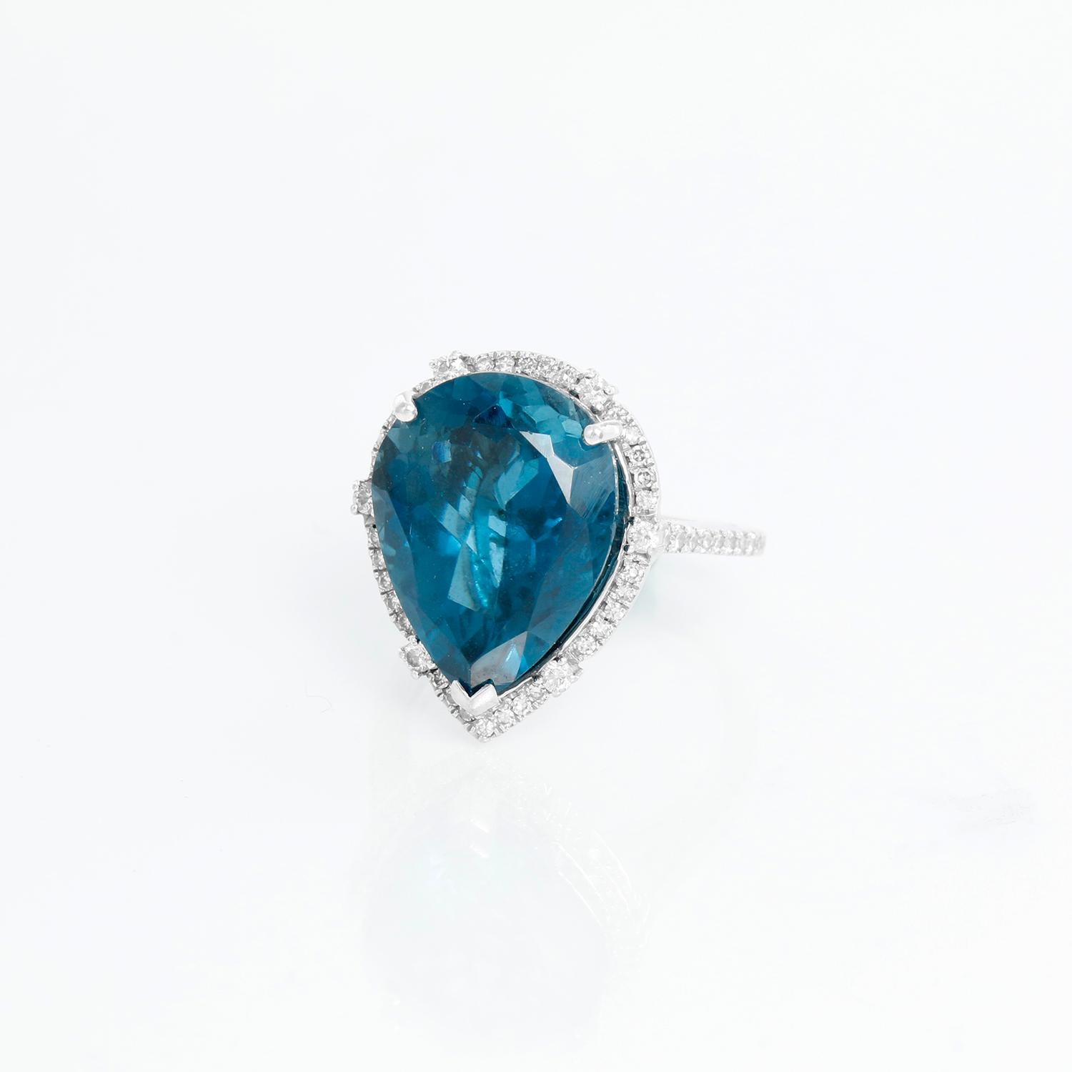 Effy 14K White Gold London Blue Topaz Diamond Ring  - Set in 14K White gold with a Pear Blue Topaz weighing 10.85 cts. and Round diamonds weighing .36 cts. Size 5.25. Pre-owned with Effy box.