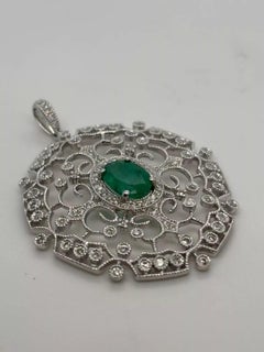 EFFY 14K White Gold Natural Diamond & Oval Green Emerald Filigree Pendant