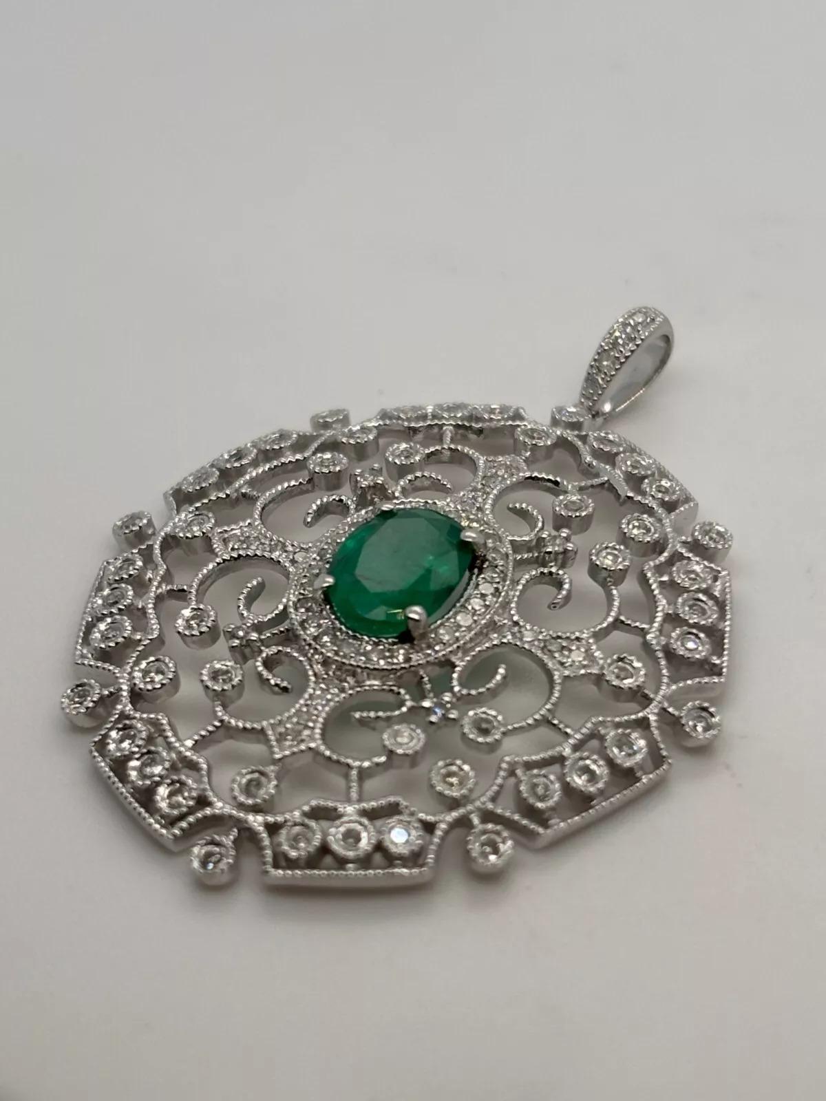 Oval Cut EFFY 14K White Gold Natural Diamond & Oval Green Emerald Filigree Pendant For Sale