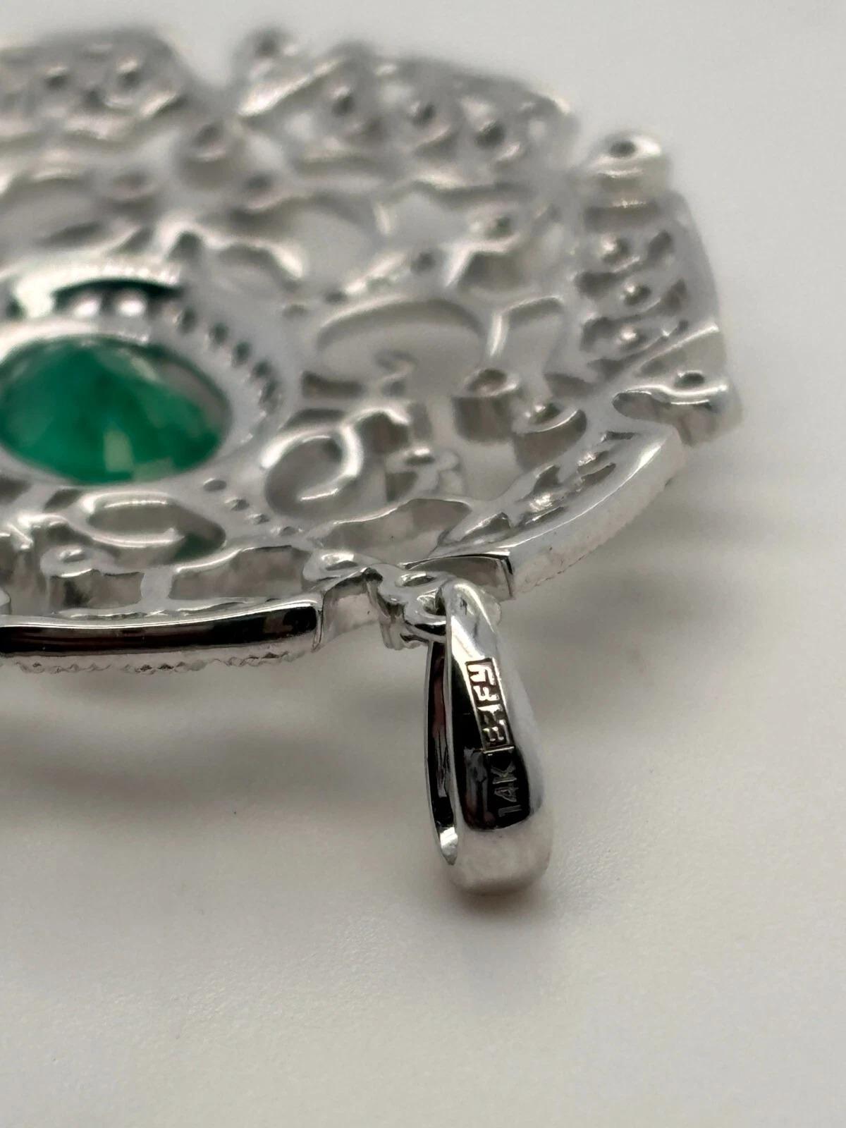 EFFY 14K White Gold Natural Diamond & Oval Green Emerald Filigree Pendant In Excellent Condition For Sale In Carmel By The Sea, CA