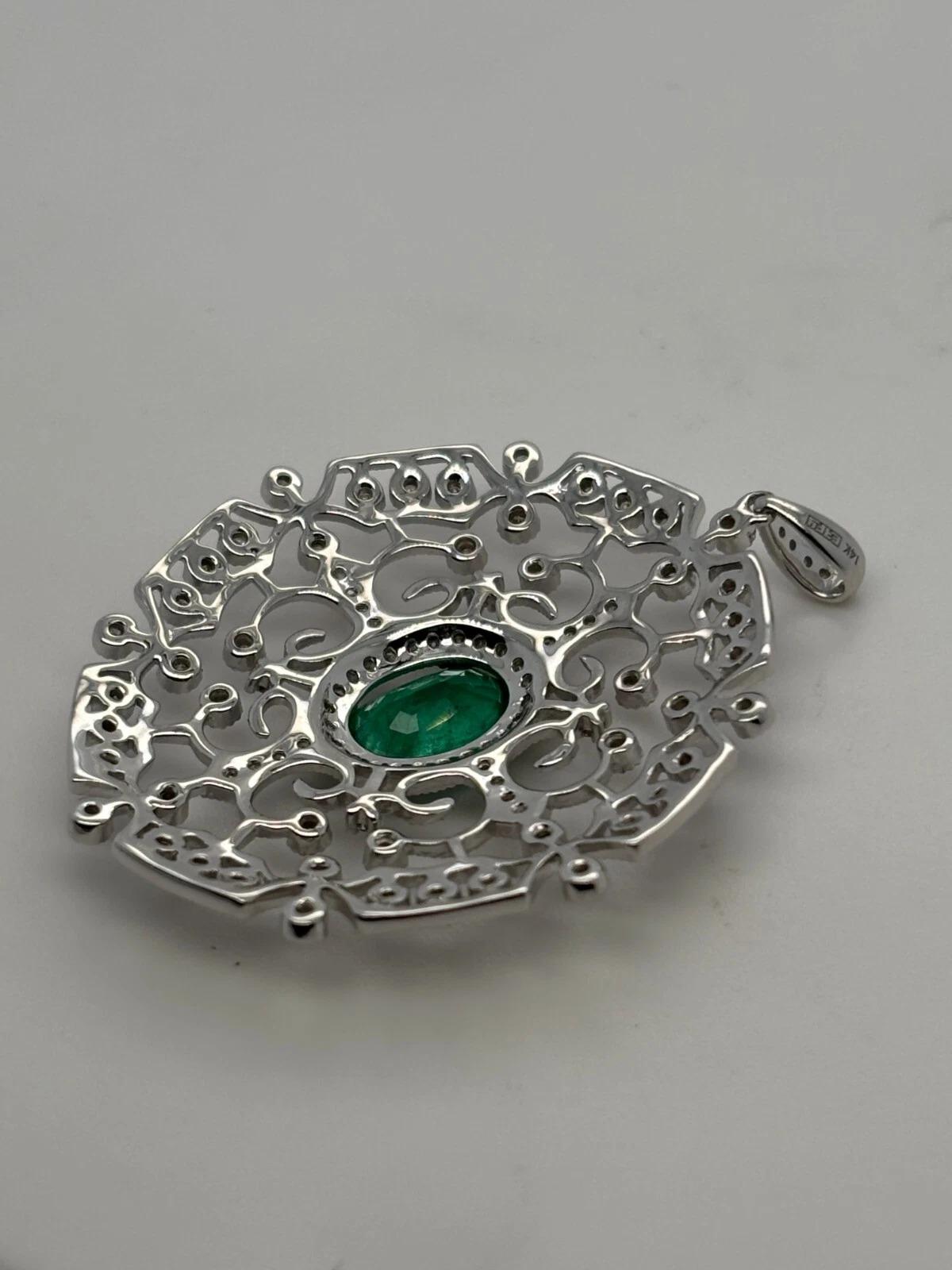 Women's EFFY 14K White Gold Natural Diamond & Oval Green Emerald Filigree Pendant For Sale