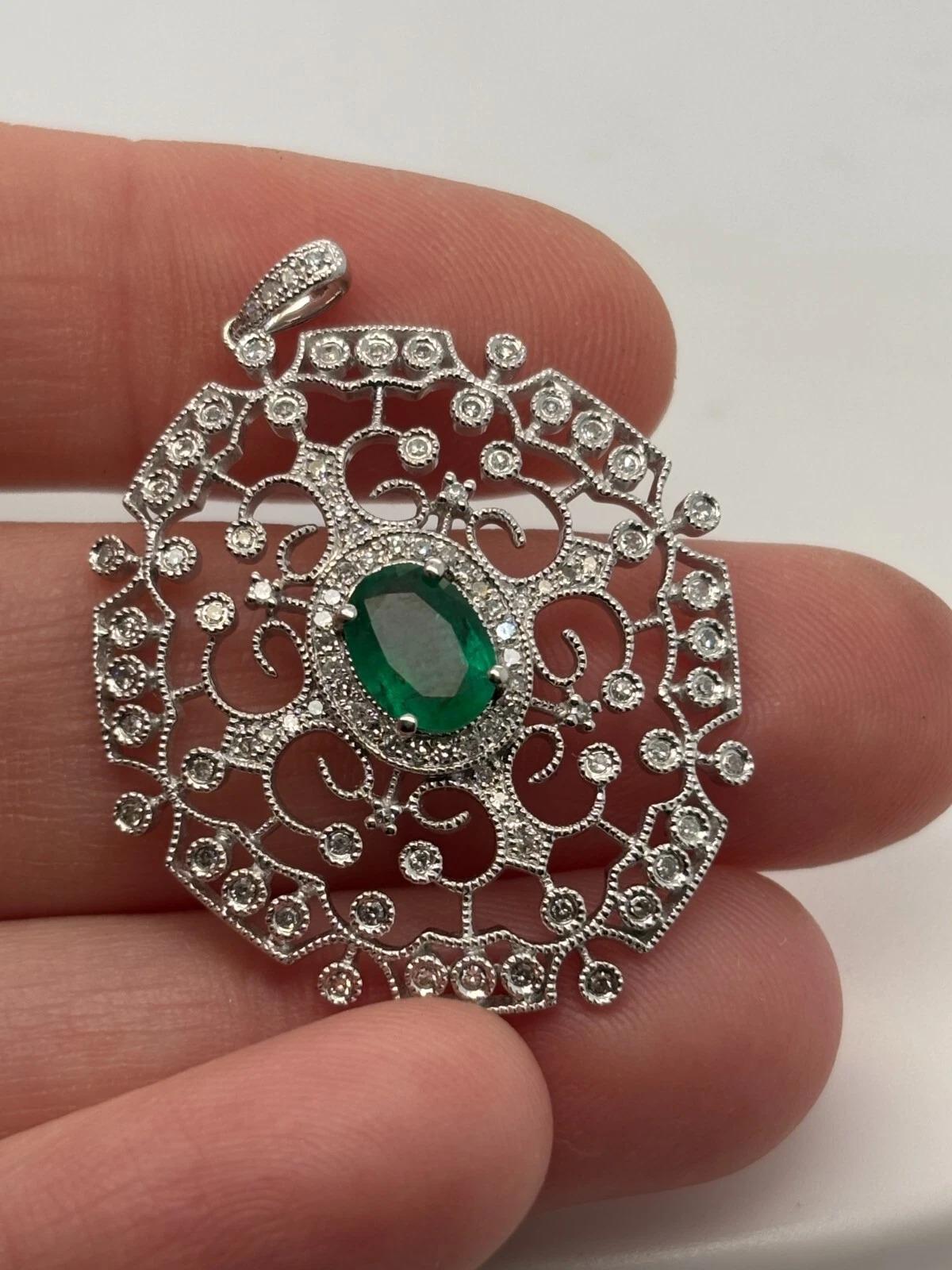 EFFY 14K White Gold Natural Diamond & Oval Green Emerald Filigree Pendant For Sale 1
