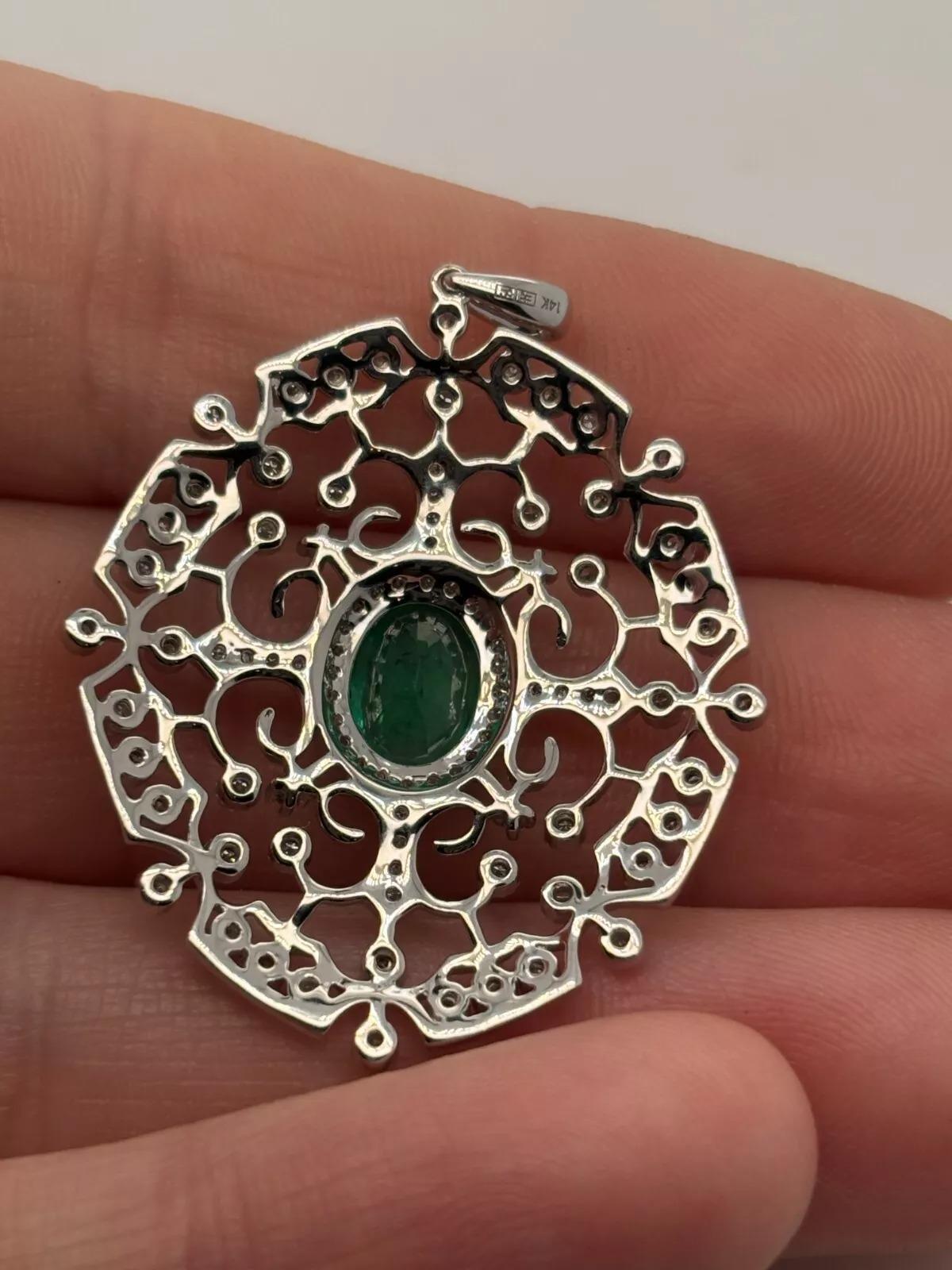 EFFY 14K White Gold Natural Diamond & Oval Green Emerald Filigree Pendant For Sale 2