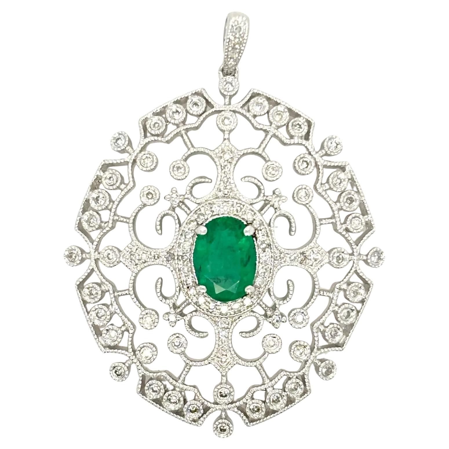 EFFY 14K White Gold Natural Diamond & Oval Green Emerald Filigree Pendant