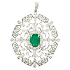 EFFY 14K White Gold Natural Diamond & Oval Green Emerald Filigree Pendant