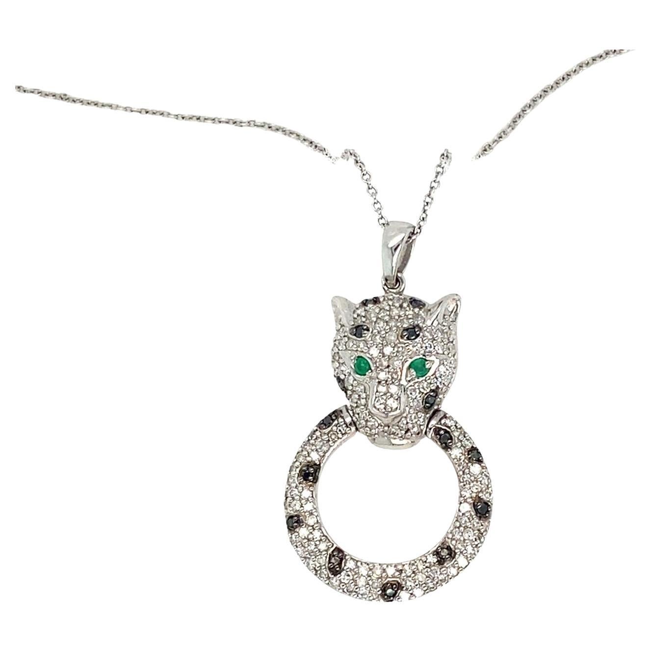 Effy 14k White Gold Panther Circle Pendant with 0.82 Carat Gemstones, 17 Inches