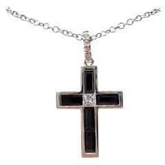 Effy 14K White Gold Sapphire Diamond Cross Necklace 0.78ct 18in