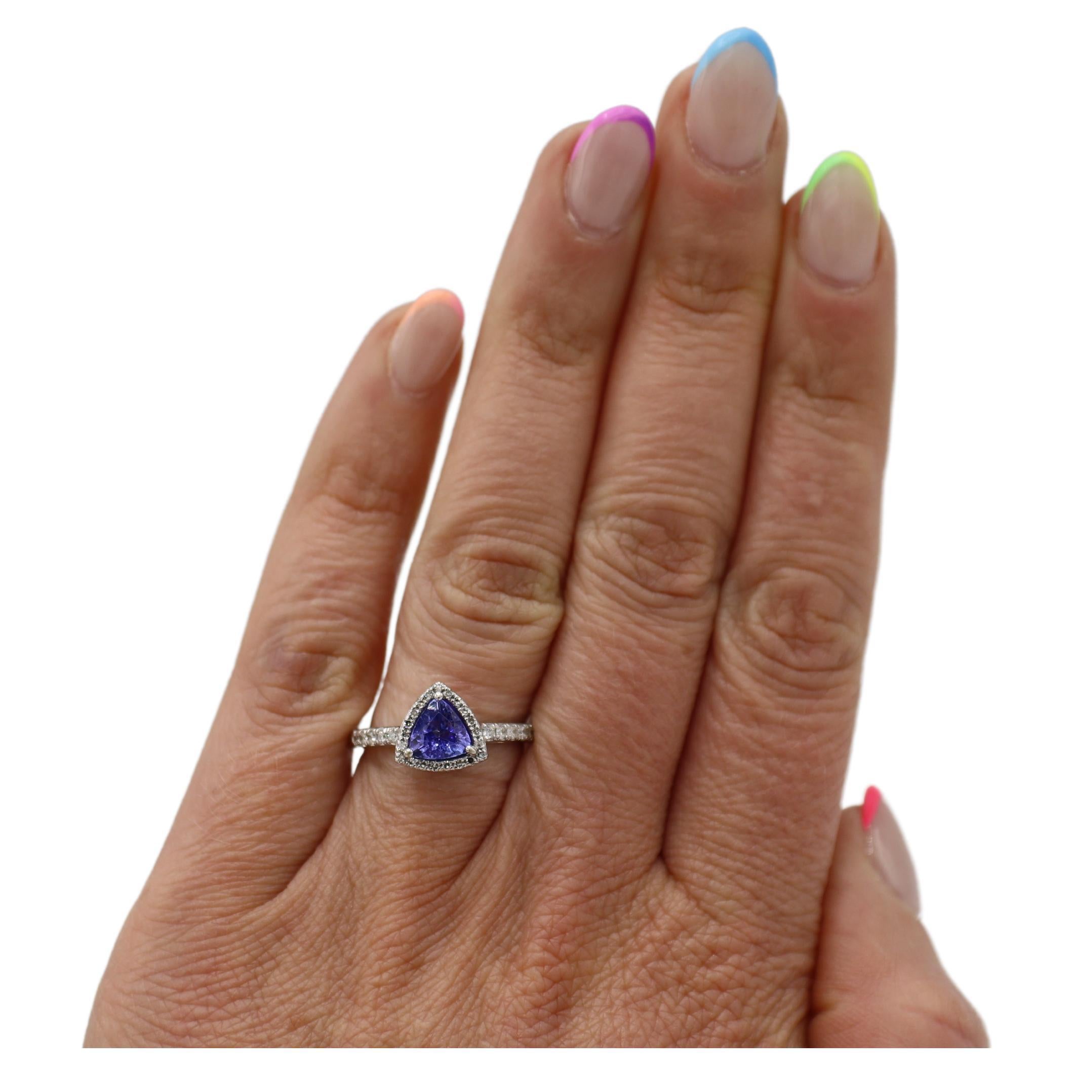 Effy 14K White Gold Trillion Tanzanite and Natural Diamond Halo Cocktail Ring In Excellent Condition For Sale In  Baltimore, MD