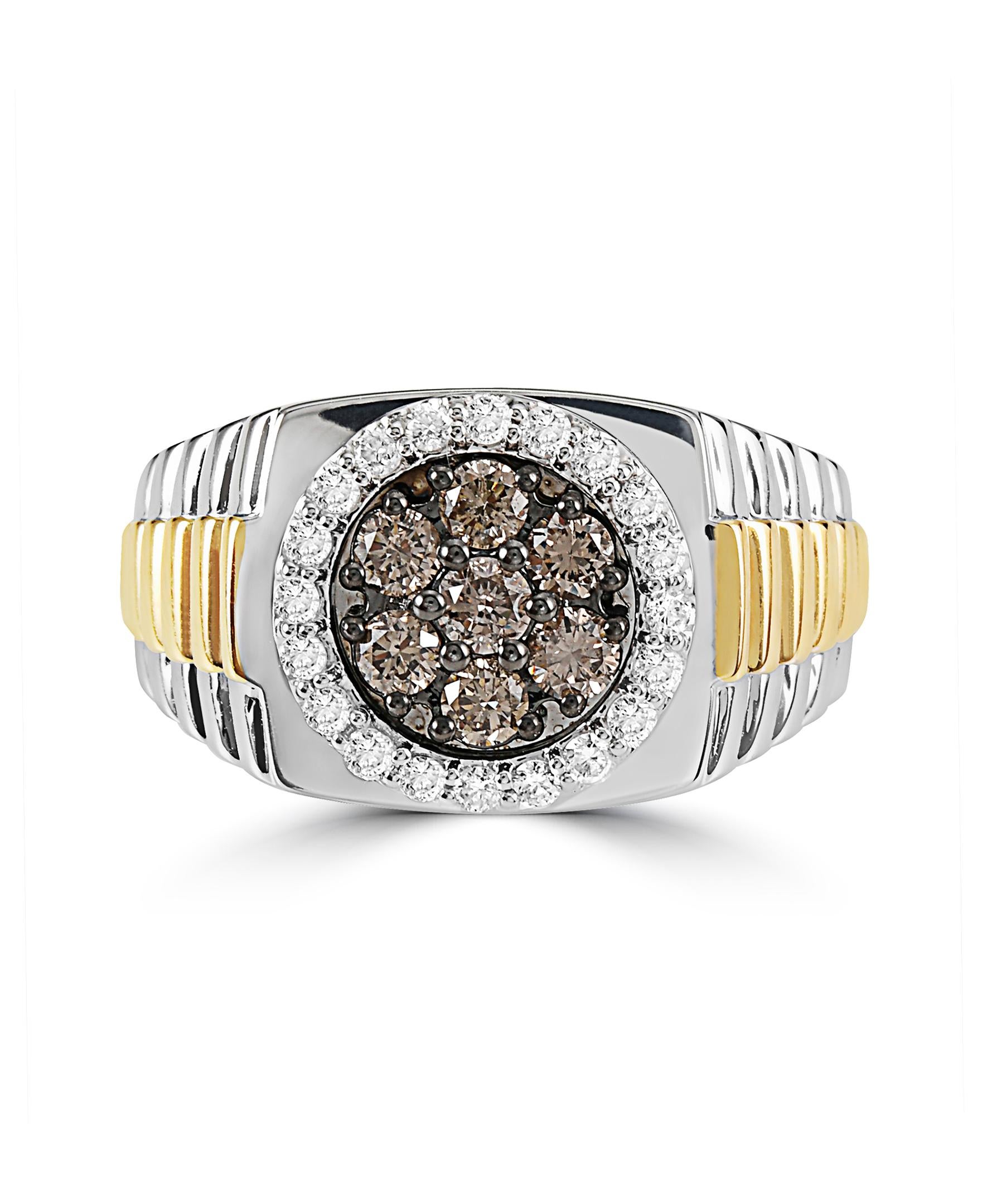 This is a unique and classic Effy design Men's ring, in 14K White and Yellow Gold. 
The combination of white and brown diamonds has a total weight of 0.97ct.
The ring is a sizable size 10.
The item number is BC15.
