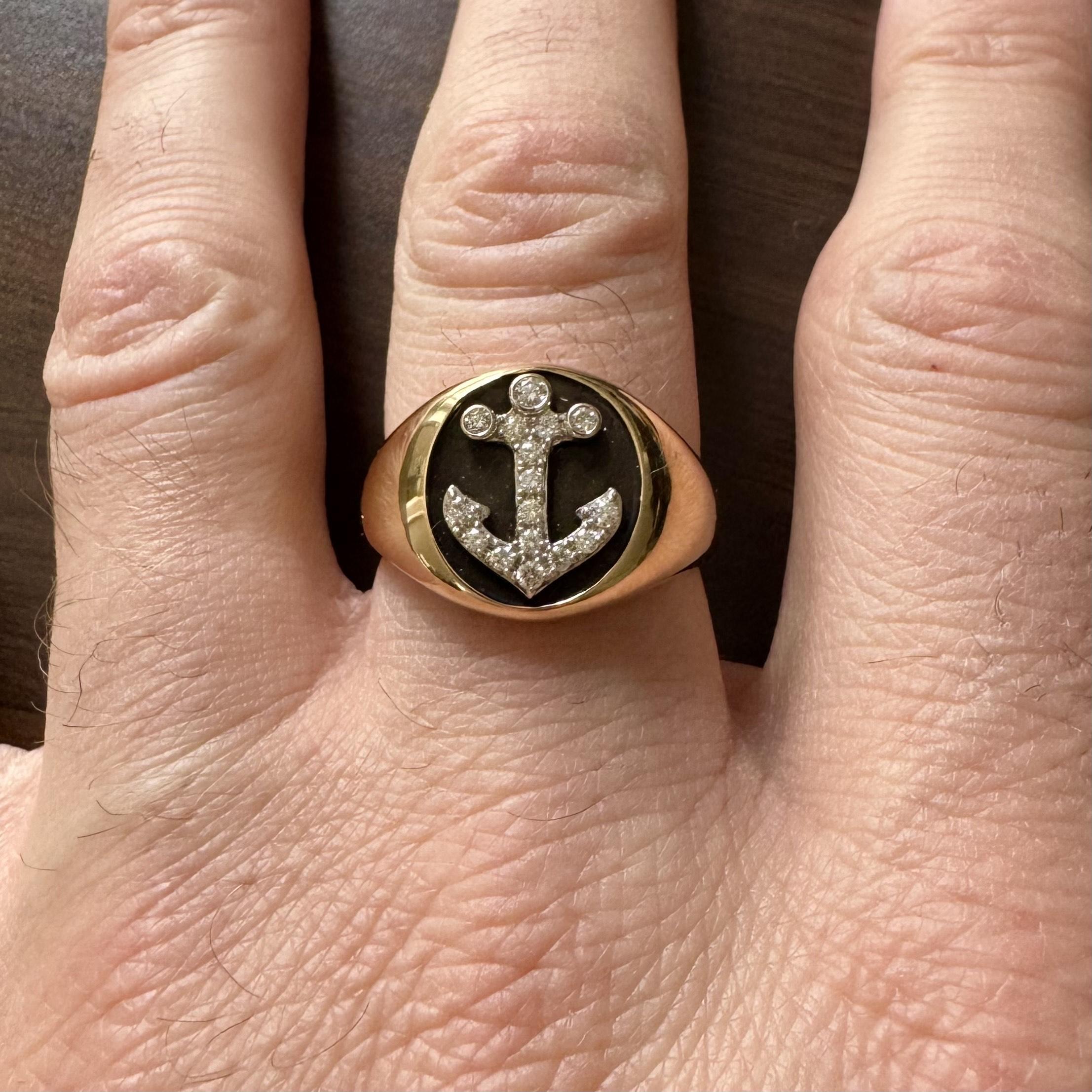 Condition:  Excellent Condition, Professionally Cleaned and Polished
Metal:  14k Gold (Marked, and Professionally Tested)
Weight:  10.1g
Diamonds:  Round Cut Natural Diamonds 0.31cttw
Width:  16mm at face, 3.5mm at back
Size:  12
Markings:  