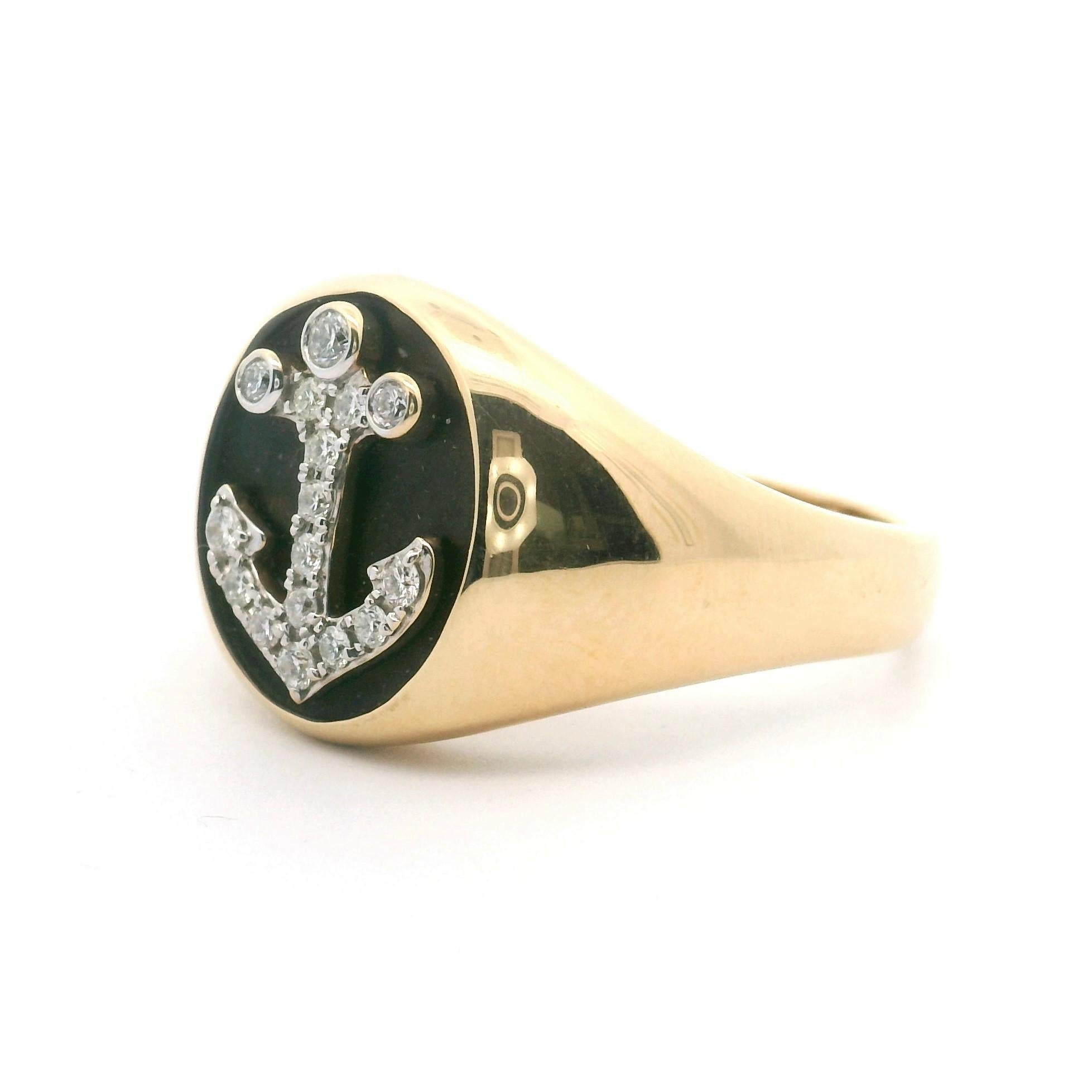 Effy 14k Yellow Gold Black Enamel and Diamond Men's Anchor Motif Ring Size 12 1