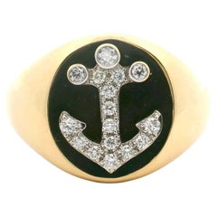 Effy 14k Yellow Gold Black Enamel and Diamond Men's Anchor Motif Ring Size 12