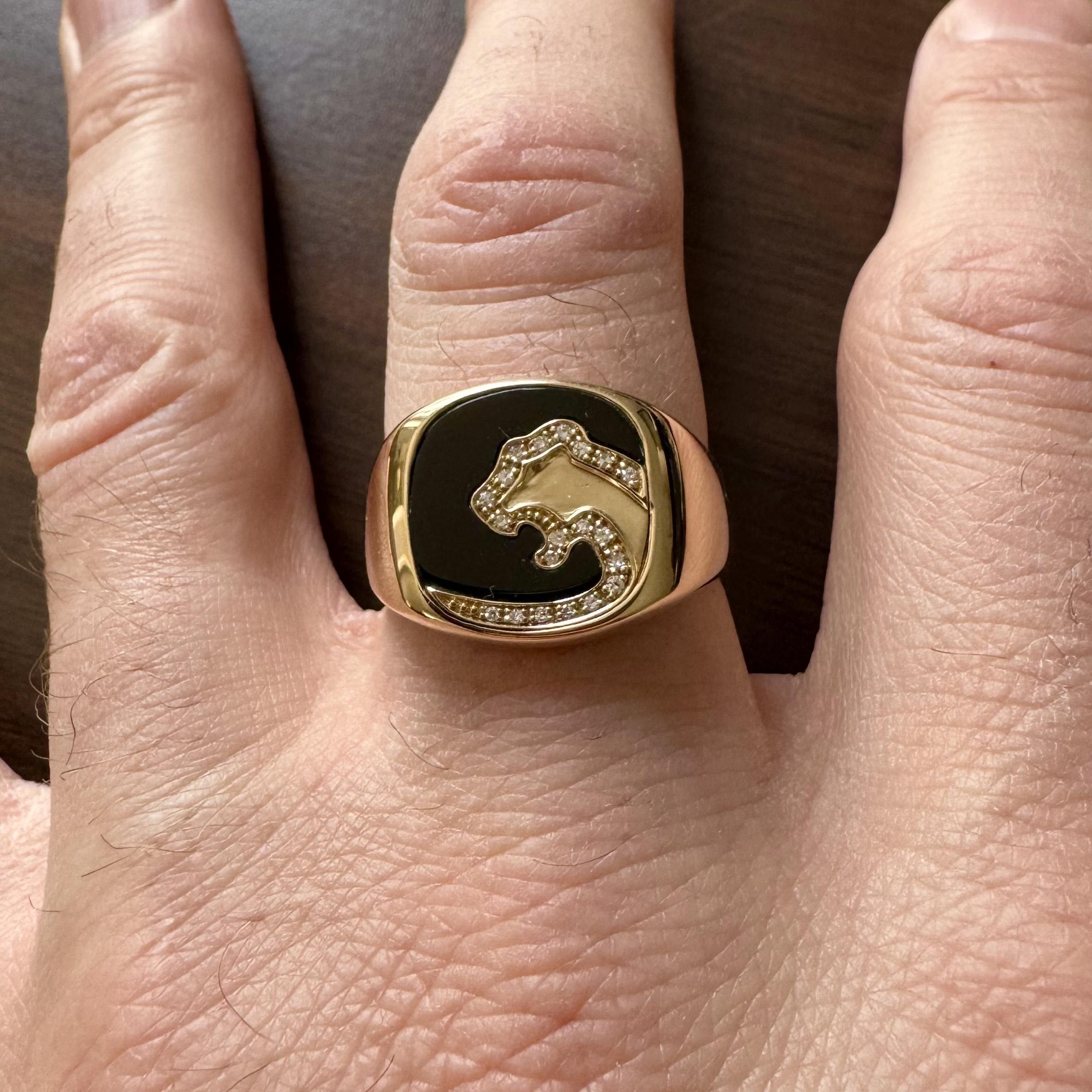 Condition:  Excellent Condition, Professionally Cleaned and Polished
Metal:  14k Gold (Marked, and Professionally Tested)
Weight:  8.5g
Diamonds:  Round Cut Natural Diamonds 0.07cttw
Width:  16mm at face, 2.5mm at back
Size:  12
Markings:  