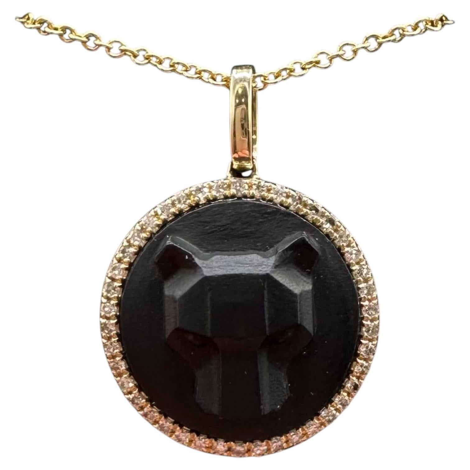 Effy 14K Yellow Gold Carved Onyx Diamond Necklace 0.16ct NWT 18” For Sale