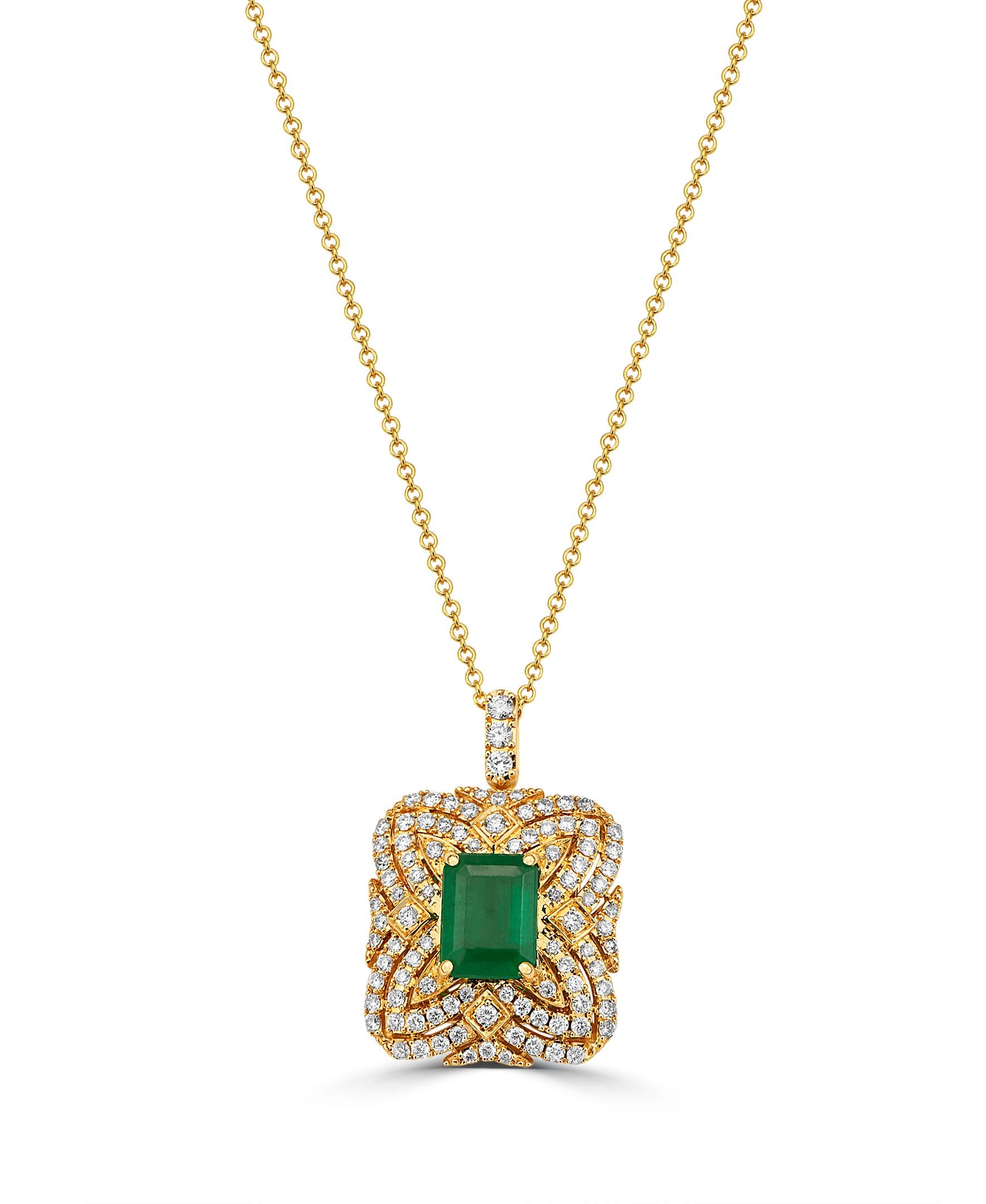 Featuring the favorite gemstone of Mr. Effy Hematian. This pendant is centered by an Emerald cut Emerald, and is surrounded by a dazzling array of 95 round cut diamonds.

Total Diamond weight is 0.64ct.

Total Emerald weight is 1.42ct.

Item number