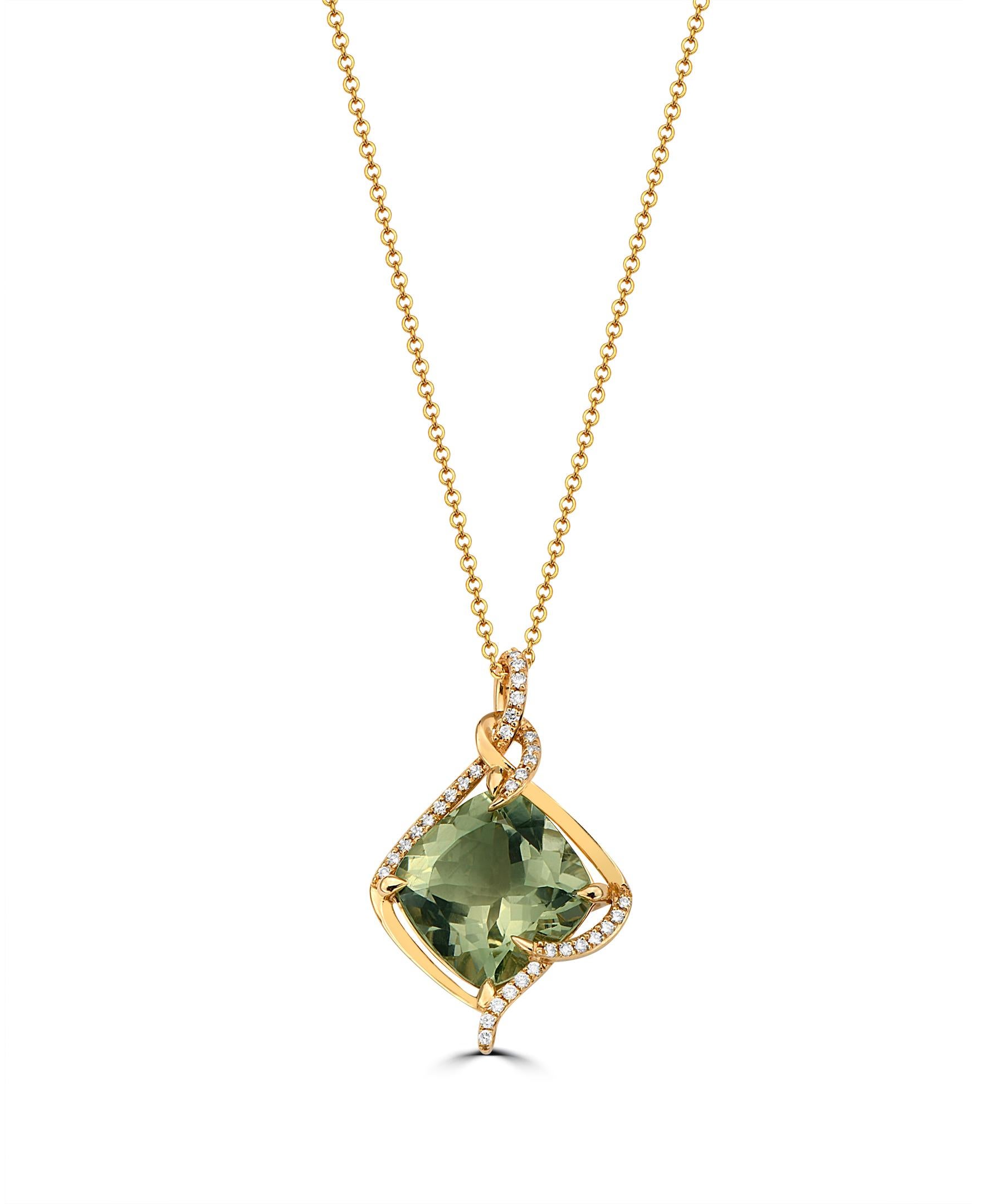 This Effy pendant is a simple and elegant design highlighting a cushion cut center Green Amethyst stone.

Total diamond weight is 0.15ct. Cushion cut green amethyst is 5.77ct.

Item number R837.

