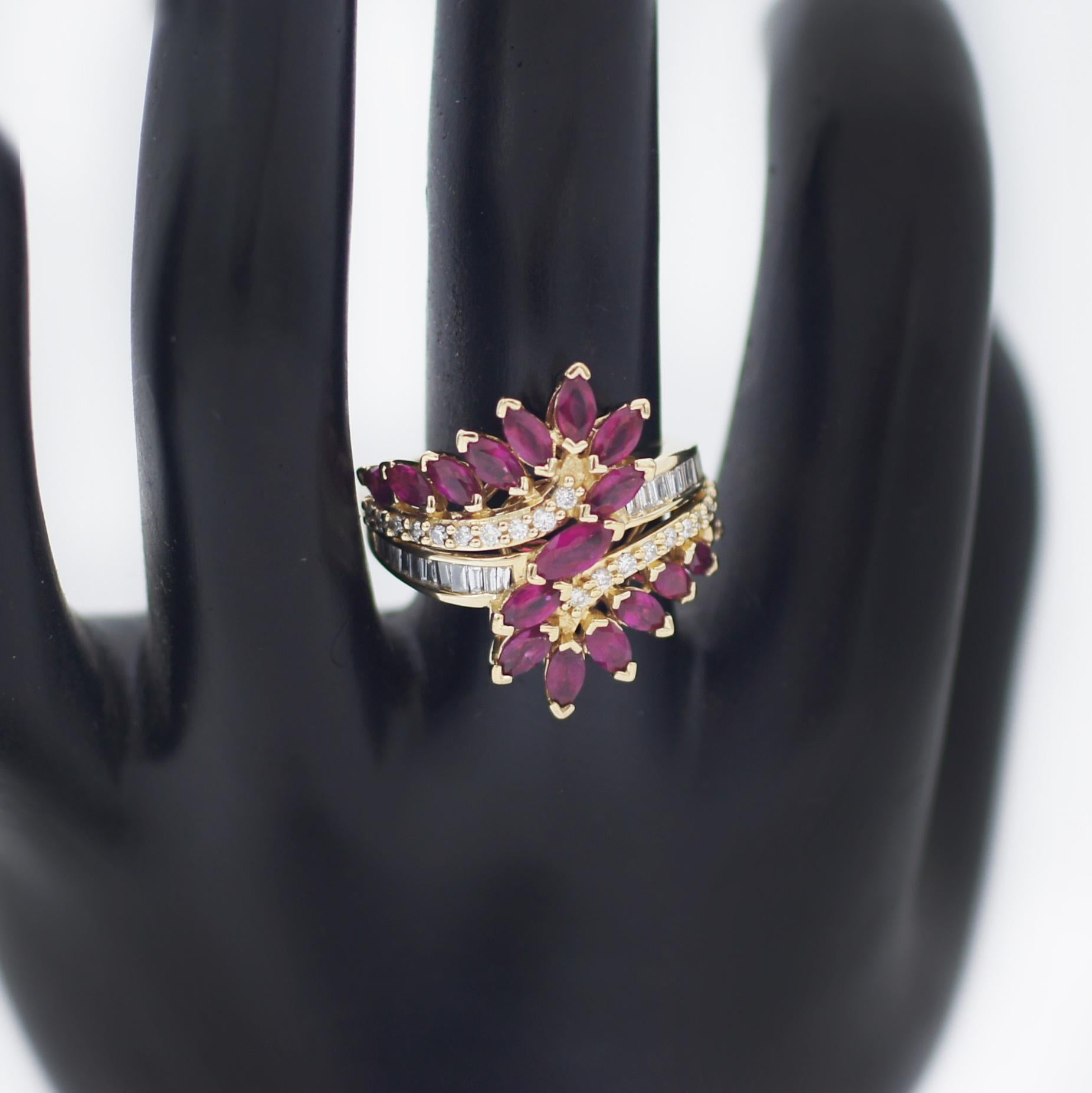 EFFY
This stunning ring is featured on a polished 14K Yellow Gold setting
Product Details:
41 Diamonds, 17 Rubies
Approx. 1/2 ct. t.w. Diamonds and 3.2 ct. t.w. Natural Rubies
Clarity rating: H, I
Clarity rating: I1-I2
Polished finish
Prong