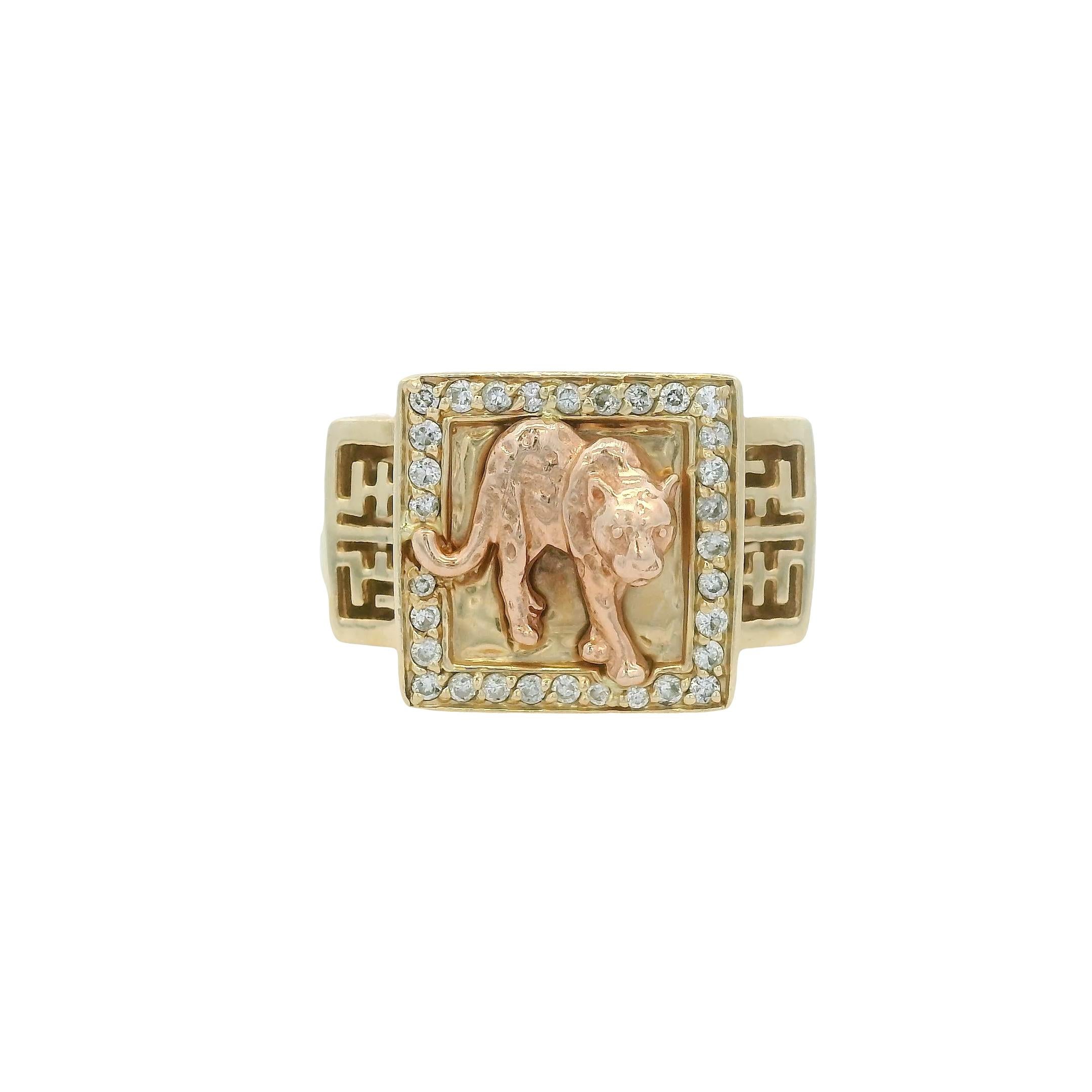 Effy 14k Yellow Gold Panther Diamond Signet Ring

This stunning Effy Panther Signet Ring is ready to ship!

Brand: Effy
Type: Signet Ring
Material: 14k Yellow Gold
Diamond Details: This ring features Round Diamonds surrounding a panther design.
Ring