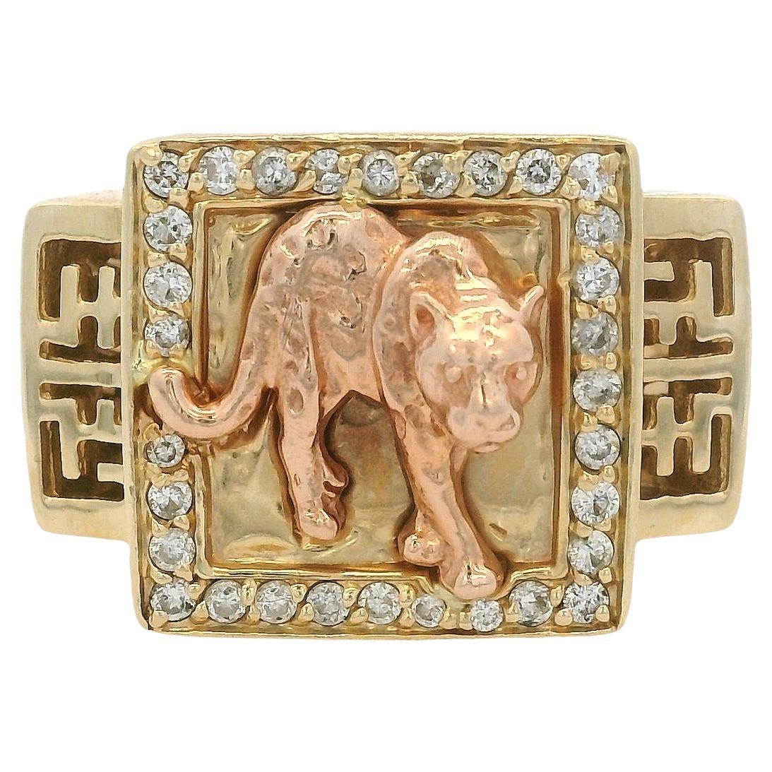 Effy 14k Yellow Gold Panther Diamond Signet Ring For Sale
