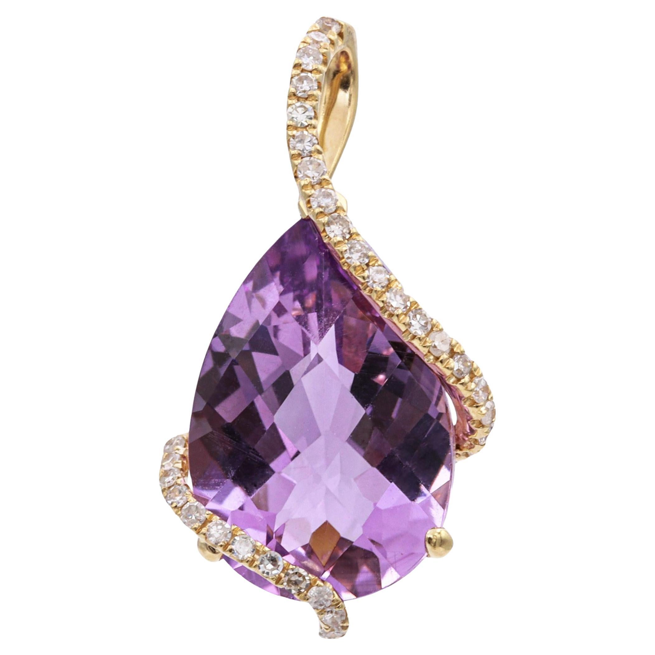 EFFY 14K Yellow Gold Pear-Shaped Amethyst Diamond Swirl Pendant For Sale