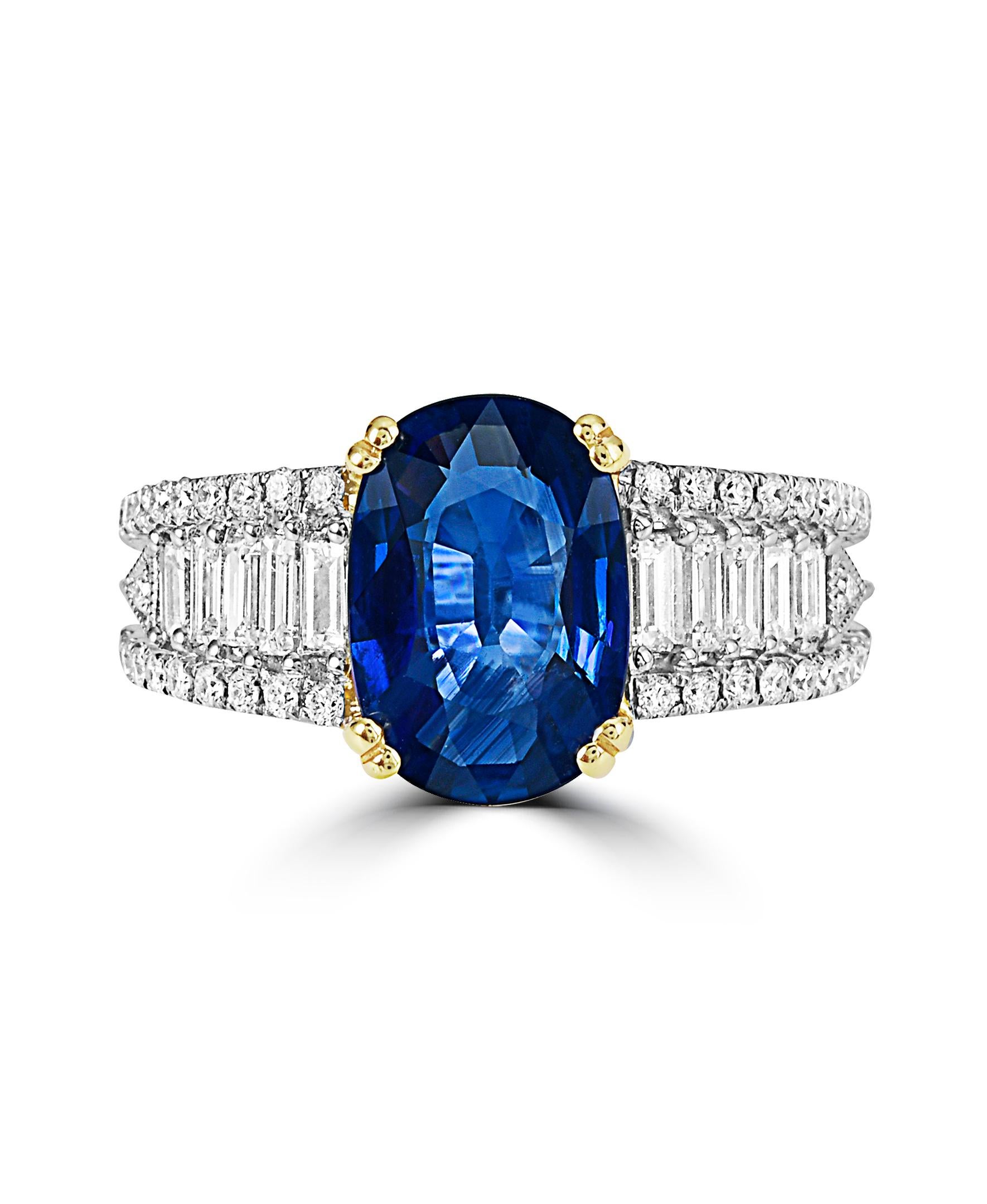 This Effy Hematian Collection design ring is set in 18K White & Yellow gold. The design is set off with a cushion shape Sapphire, with a total weight of 3.07ct.
The diamond accent stones are baguette and round in shape, with a selection of yellow