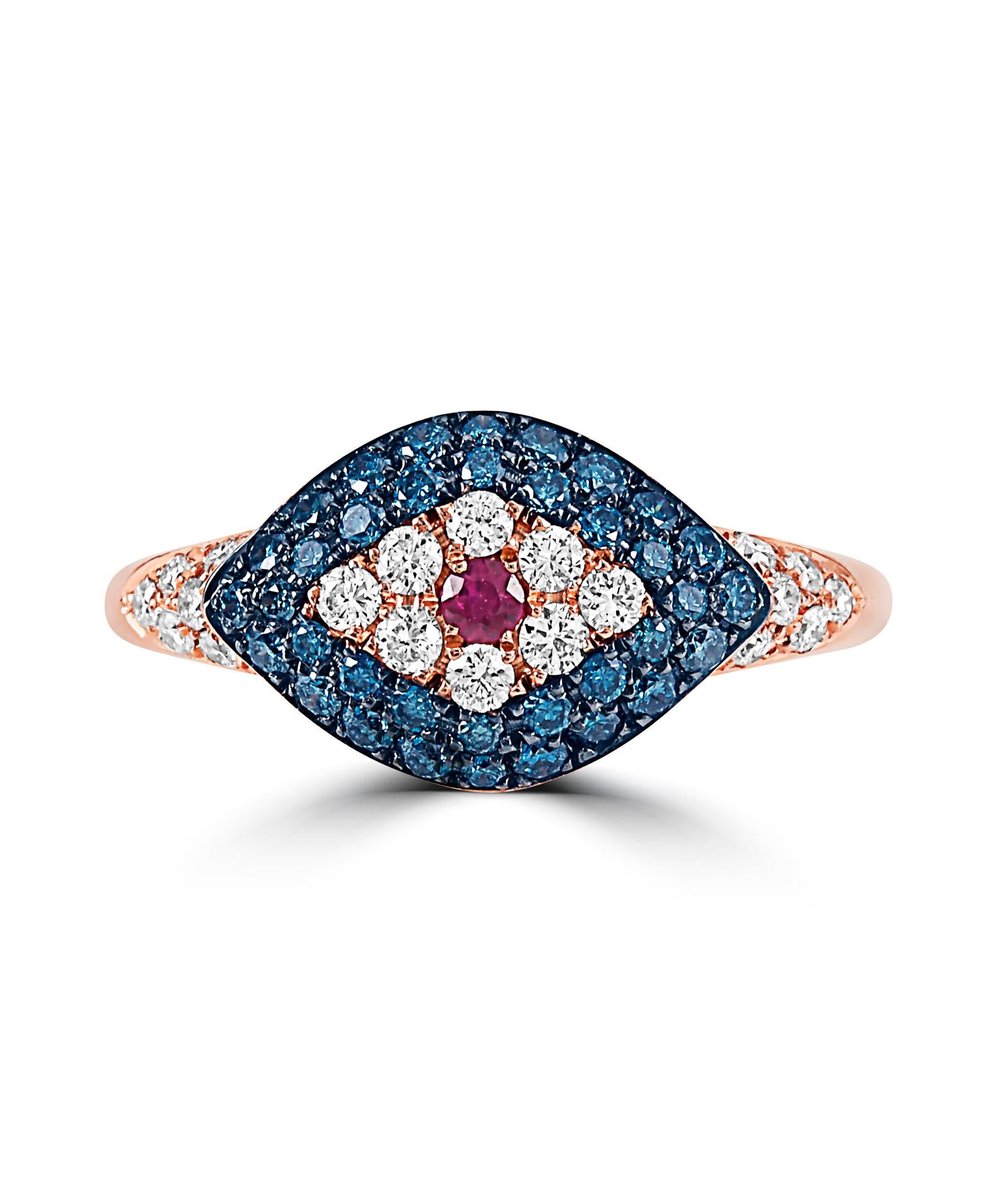 This Effy design is set in 18K Rose gold.
The ring is a modern take of the evil eye style, centered by a ruby eye, with a weight of 0.04ct.
The diamond accents are round in shape, in blue and white colors, with a total weight of 0.56ct.
The ring is