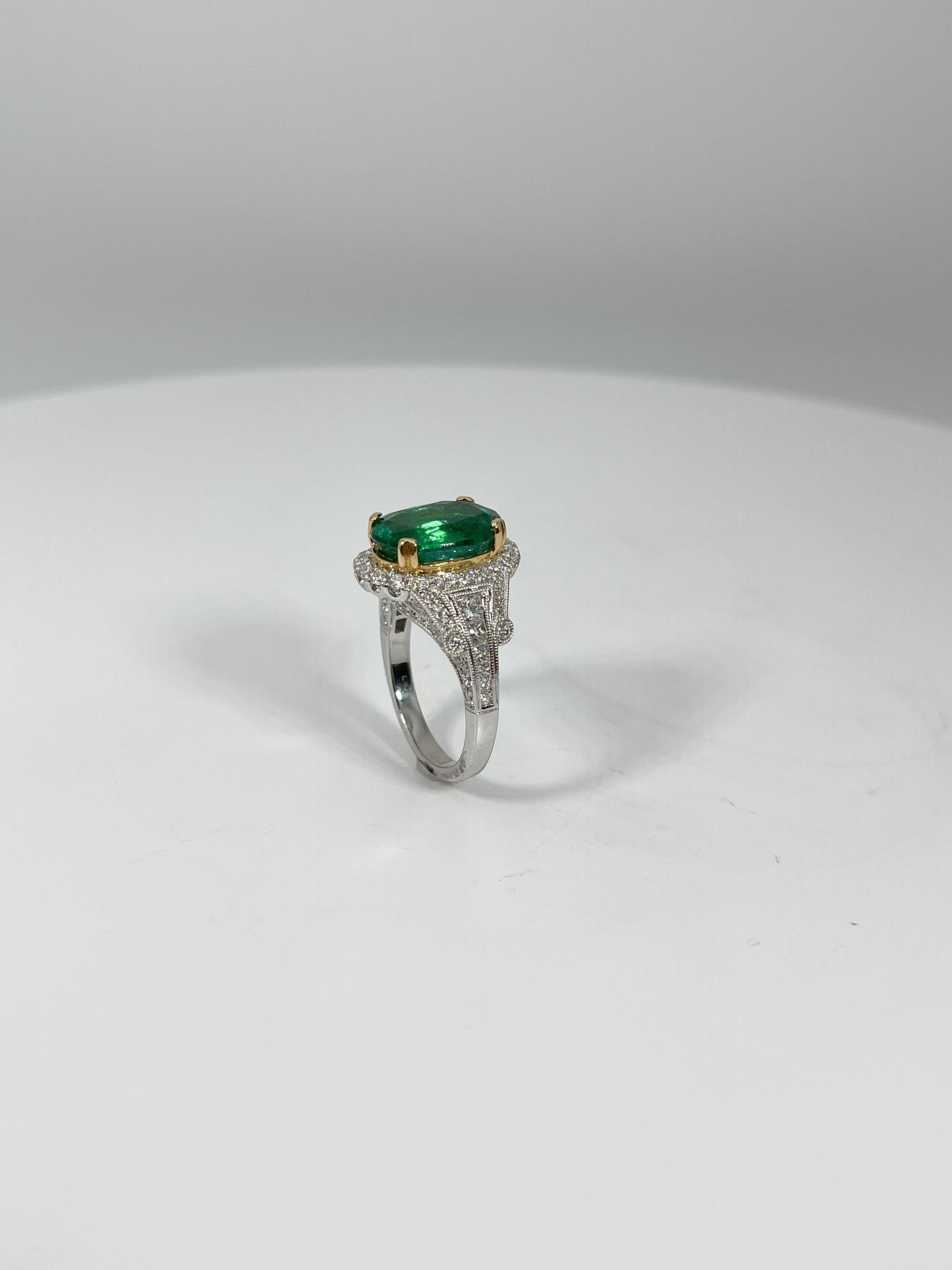 Oval Cut EFFY 18K White and Yellow Gold Ring with 4.70 CT Emerald and .89 CTW Diamonds For Sale