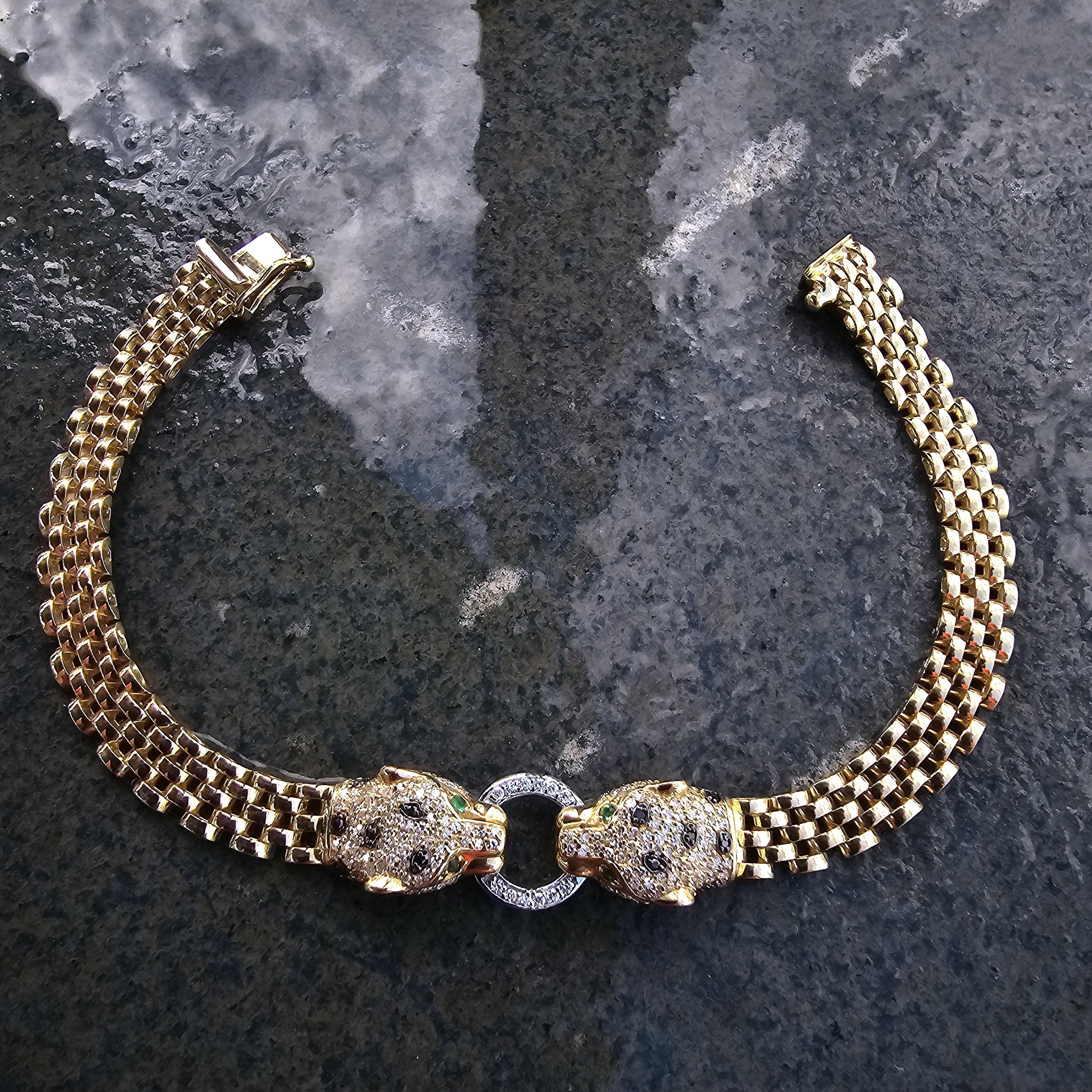 Round Cut Effy 2 Panther Head Bracelet Diamond Black White Emerald Eyes 14k Yellow Gold 8