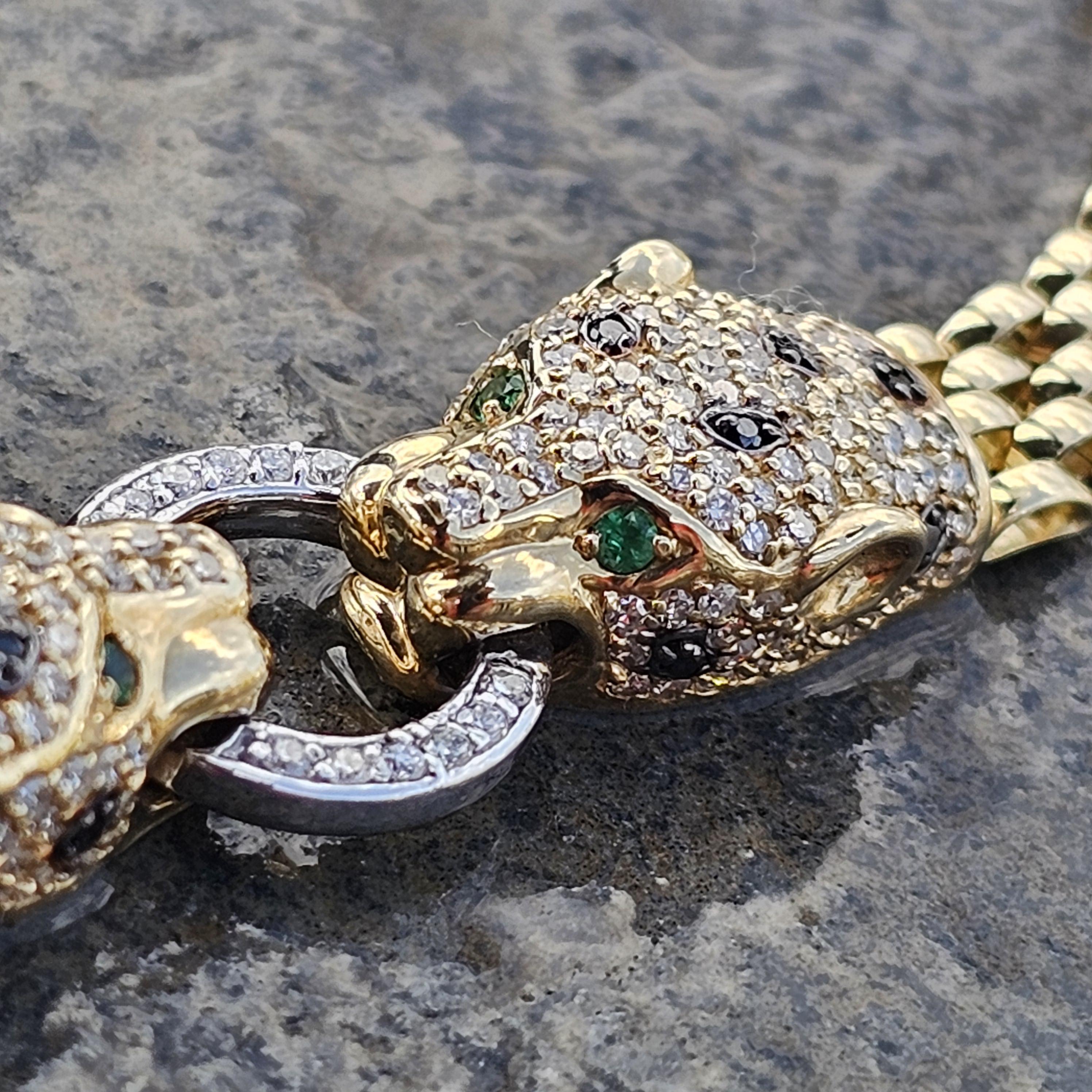 Effy 2 Panther Head Bracelet Diamond Black White Emerald Eyes 14k Yellow Gold 8