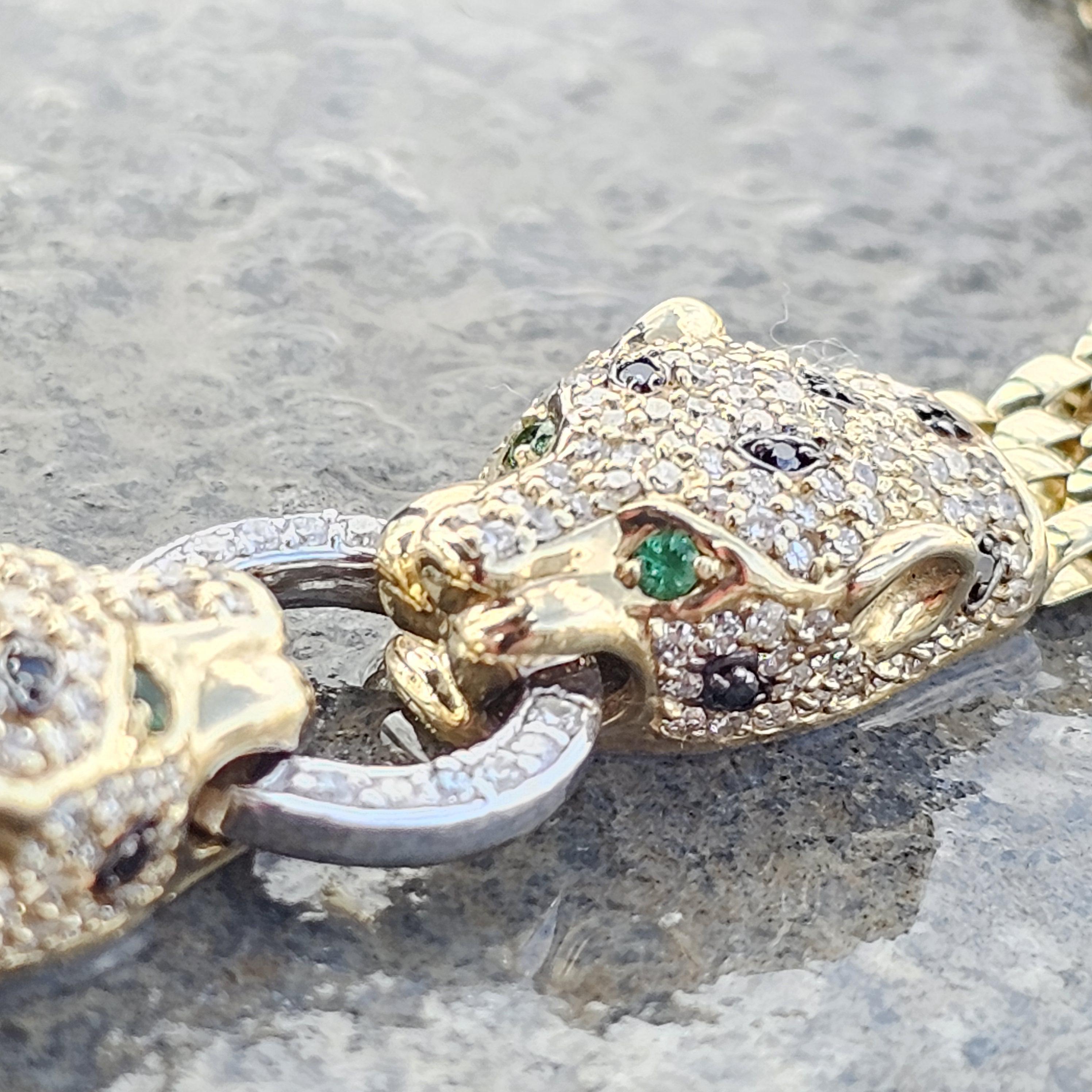 Women's Effy 2 Panther Head Bracelet Diamond Black White Emerald Eyes 14k Yellow Gold 8