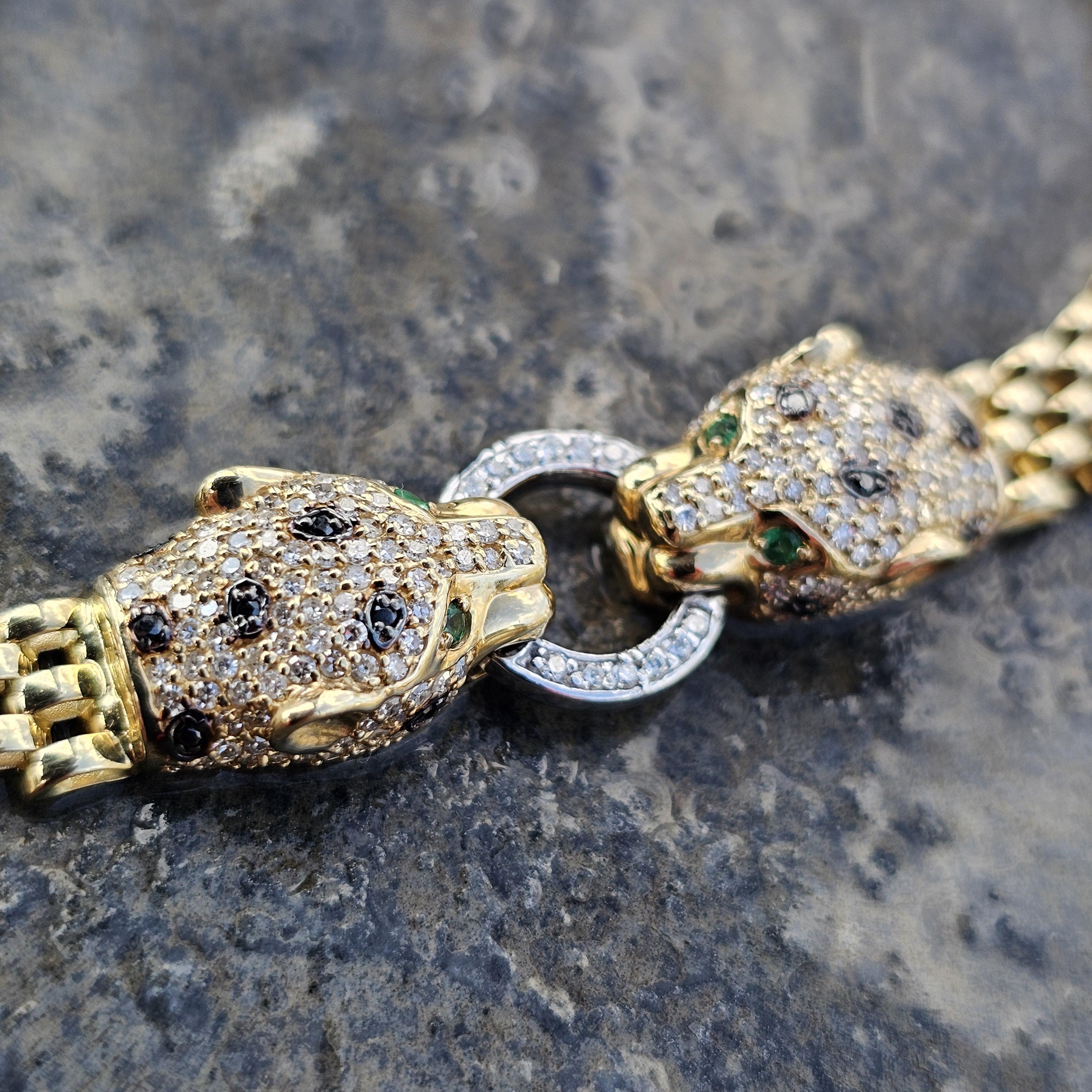 Effy 2 Panther Head Bracelet Diamond Black White Emerald Eyes 14k Yellow Gold 8