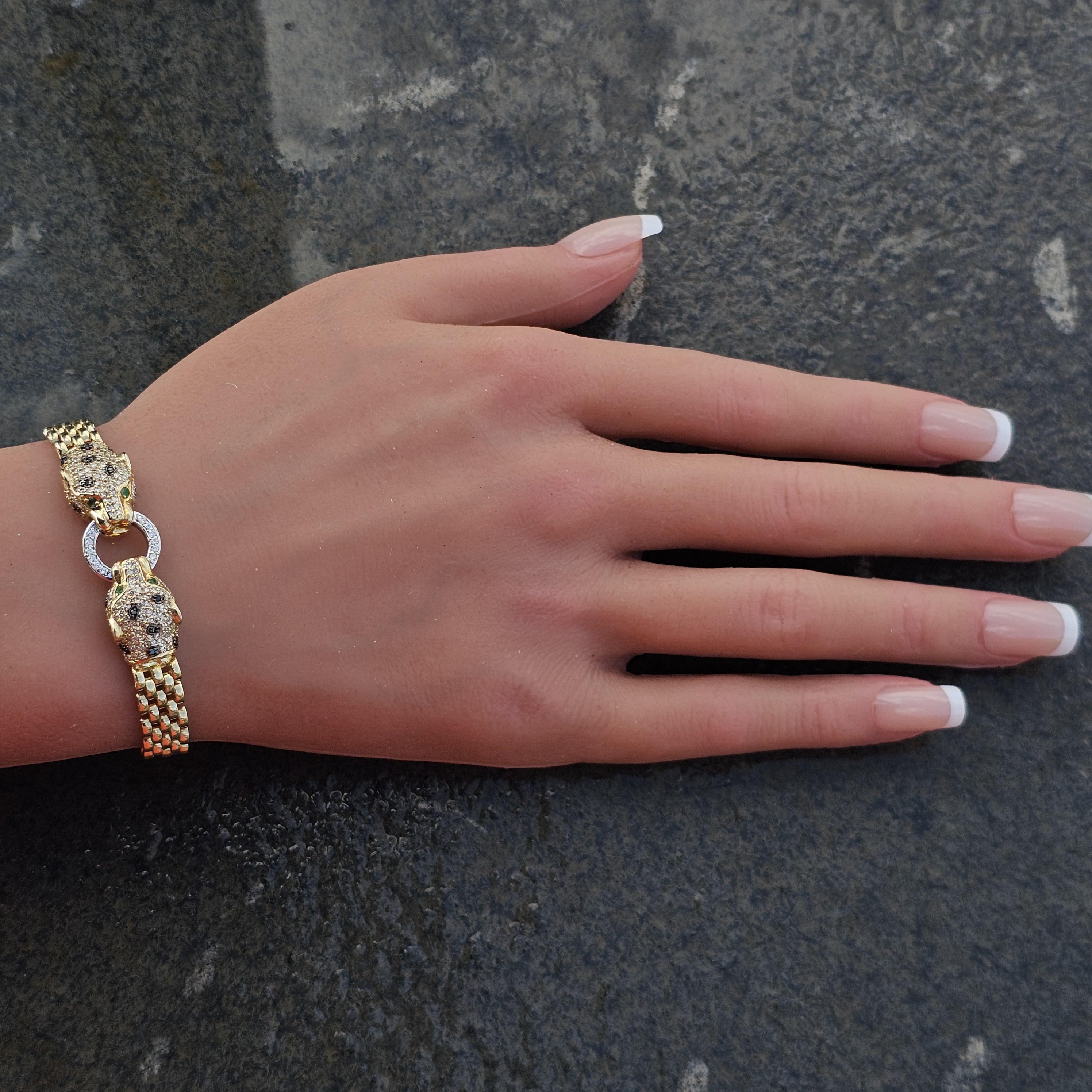 Effy 2 Panther Head Bracelet Diamond Black White Emerald Eyes 14k Yellow Gold 8