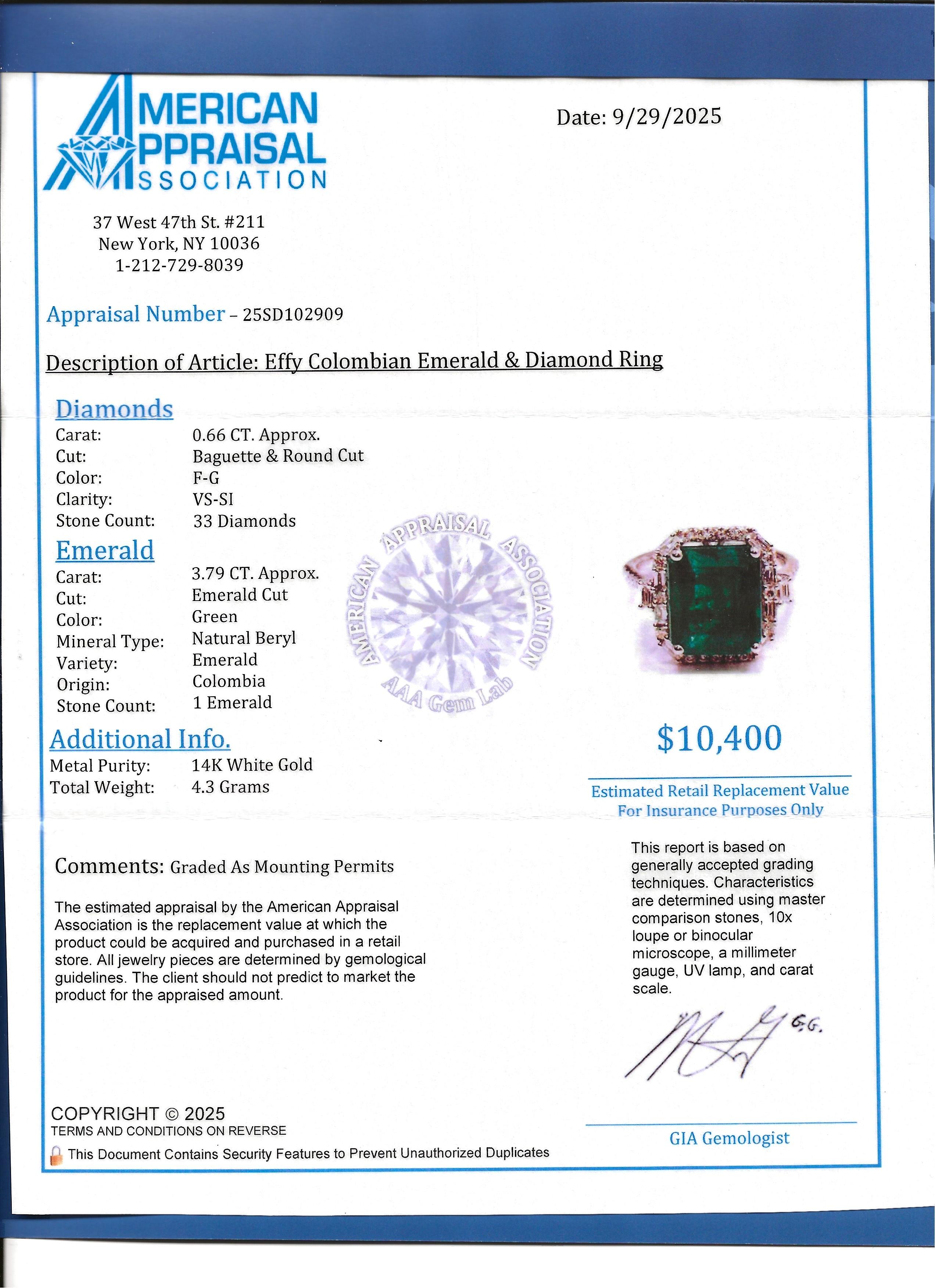 Effy 3,79 Karat Smaragdschliff kolumbianischen Smaragd Ring mit Diamanten 14K Weißgold im Angebot 6