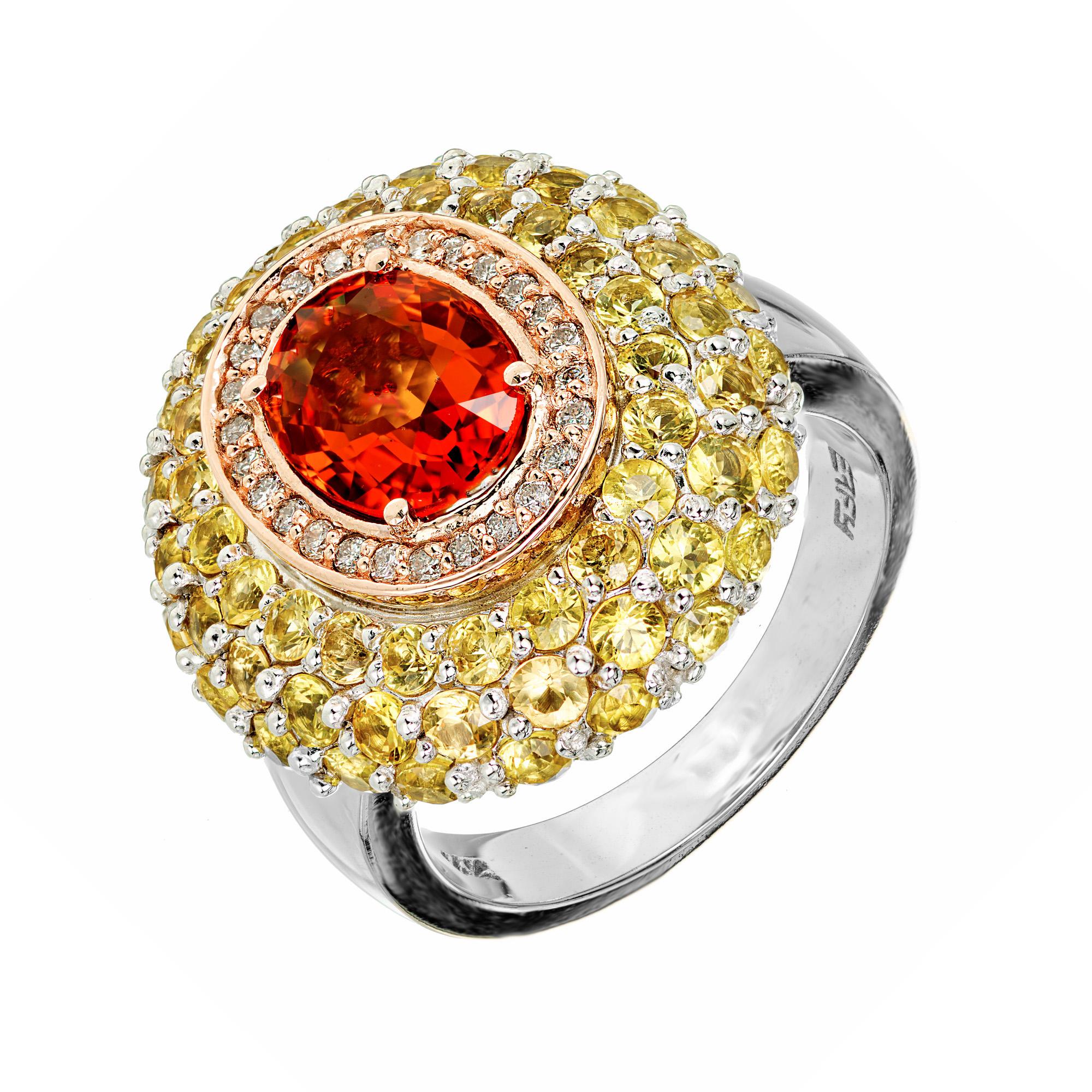 Designer Effy sapphire and diamond ring. Bright orange oval sapphire center stone with a halo of rose gold bezel set white diamonds and a halo cluster of 66 round yellow sapphires, set in 14k white and rose gold.

1 oval orange sapphire, approx.
