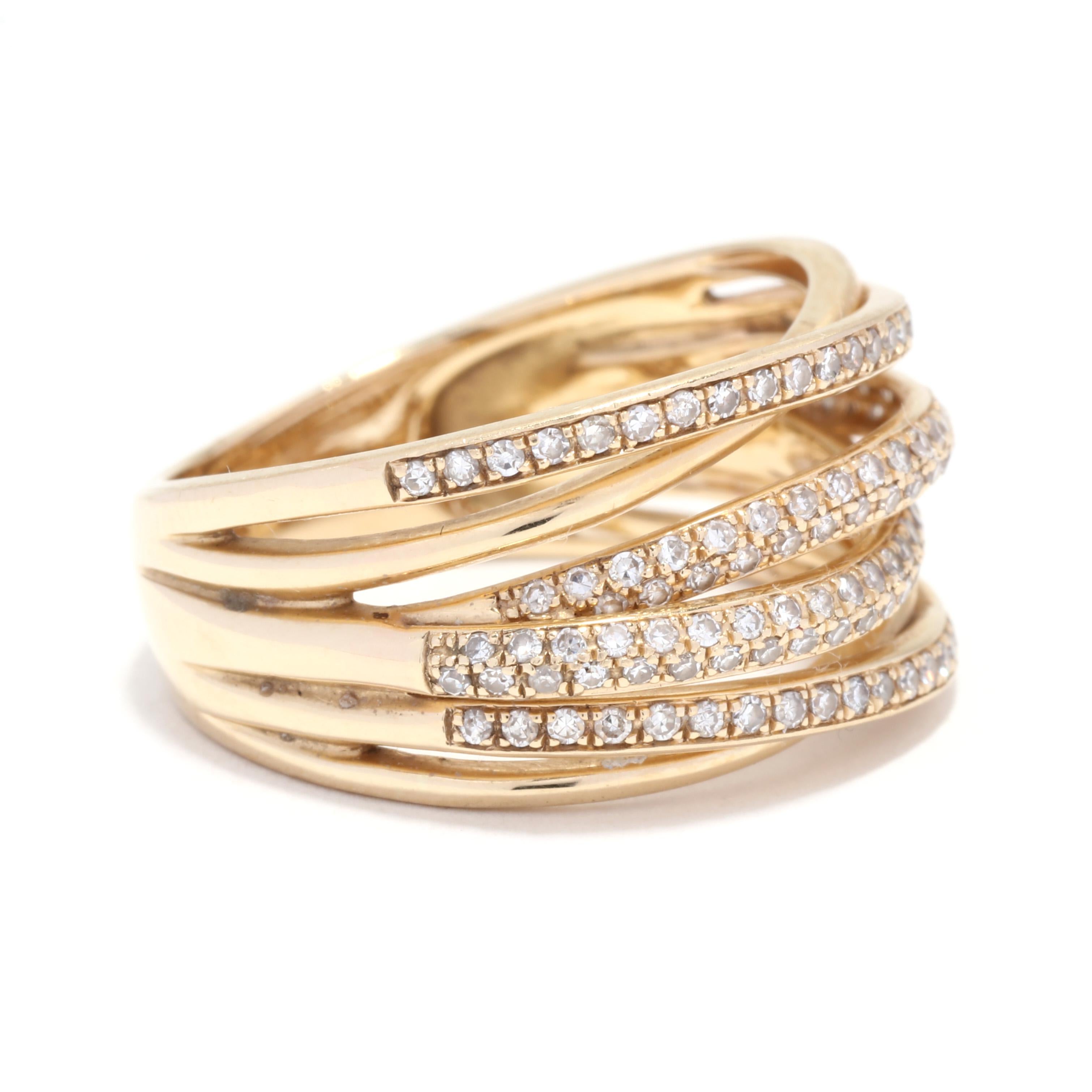 This Effy diamond crossover wide band ring is a stunning piece of jewelry that will add a touch of elegance and sophistication to any outfit. Made with 14K yellow gold, this ring is a size 7 and is perfect for everyday wear. The ring features a