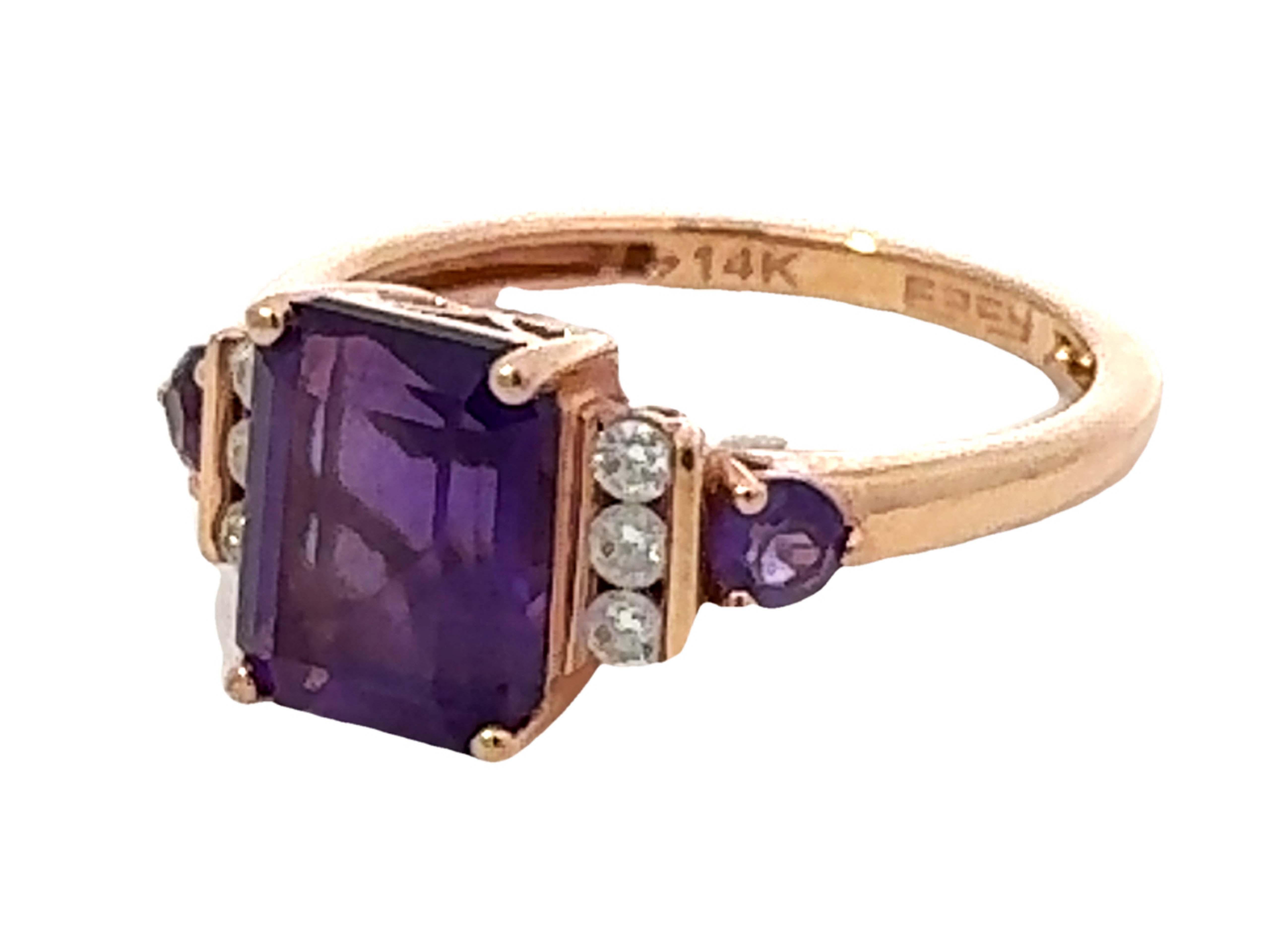 Emerald Cut EFFY Amethyst and Diamond Ring 14k Rose Gold For Sale
